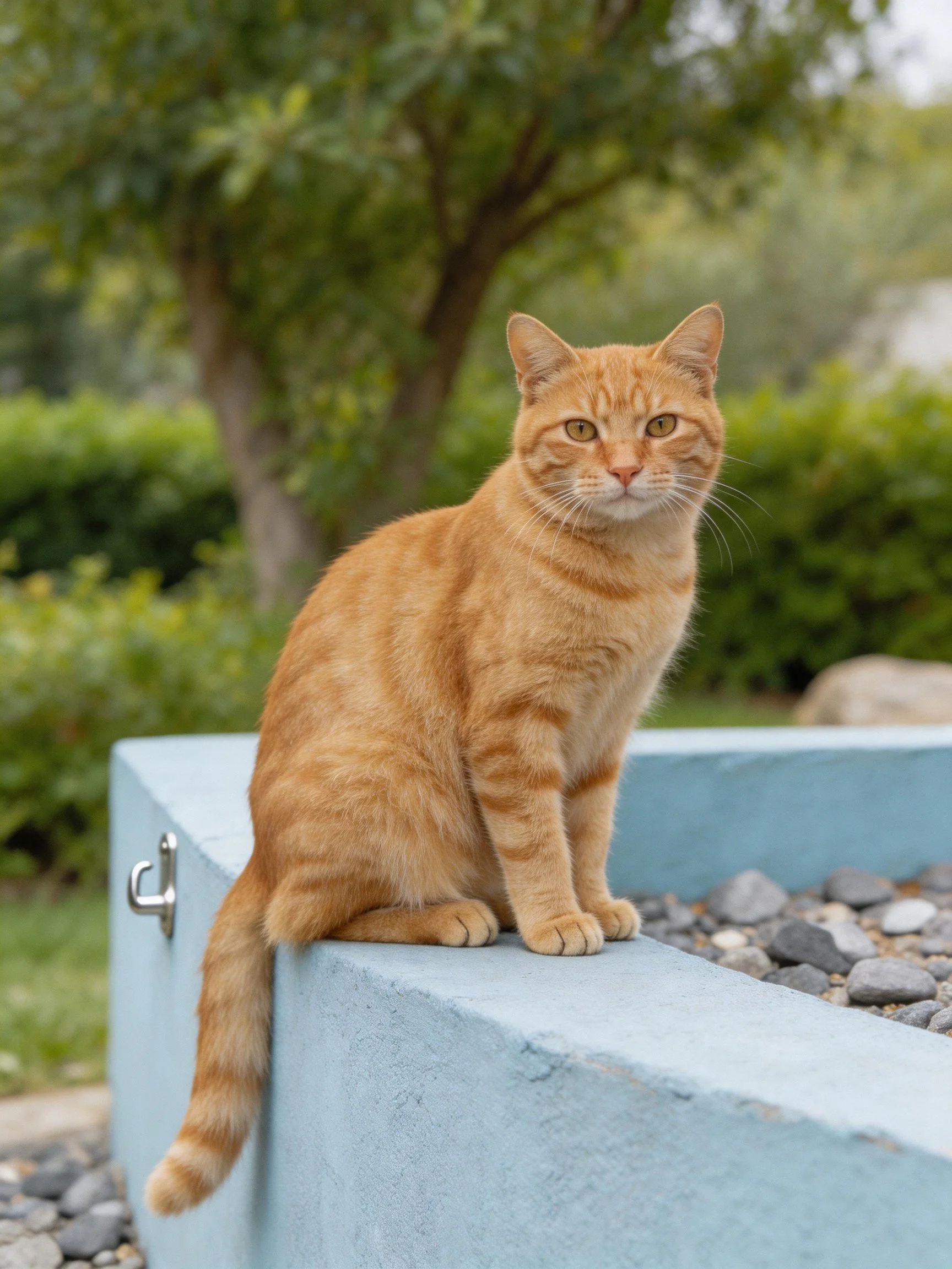 An orange tabby cat rests on a light blue ledge in a garden environment.