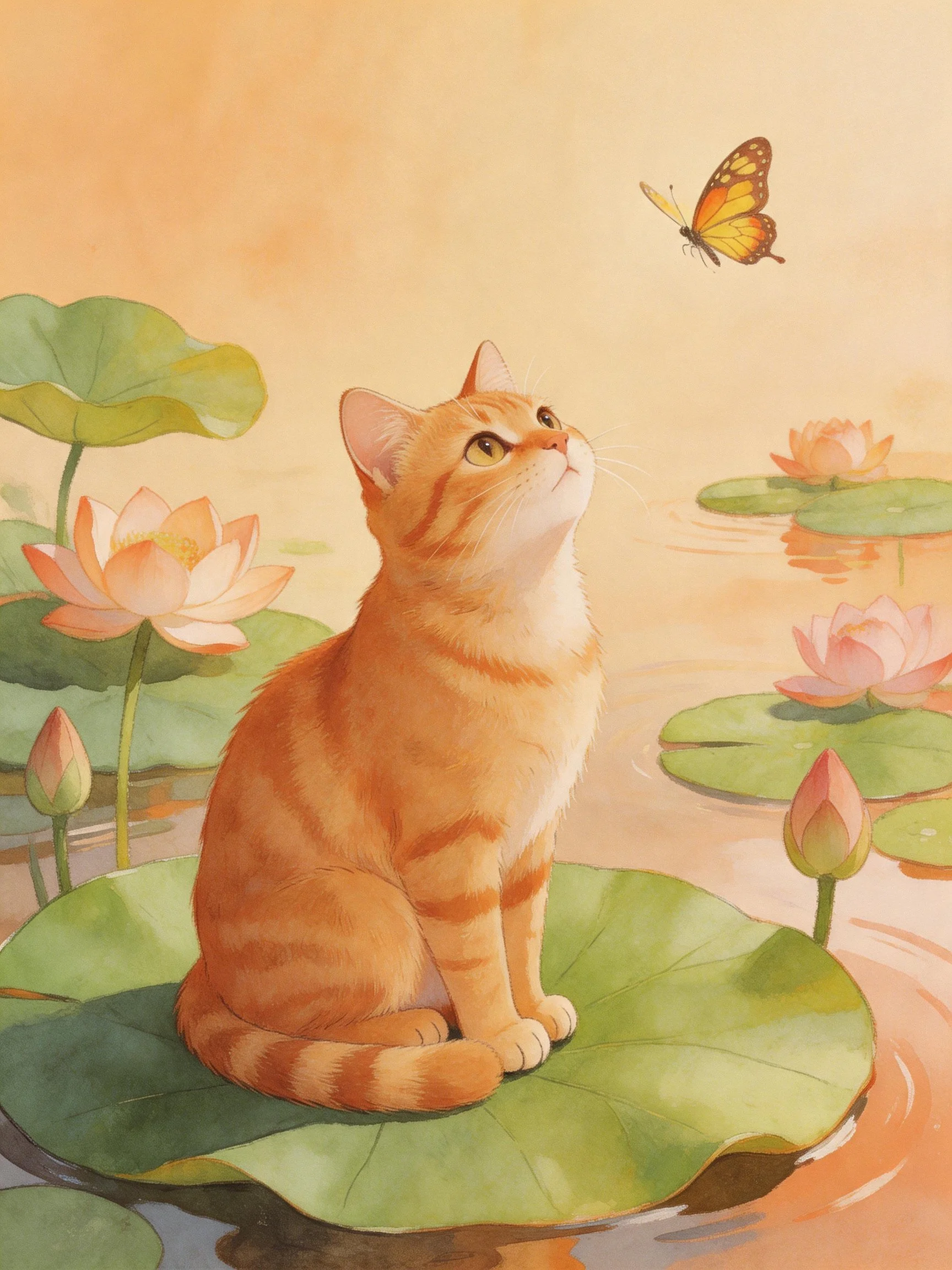 An orange tabby cat gazes upward toward a butterfly amid blooming lotuses and lily pads.