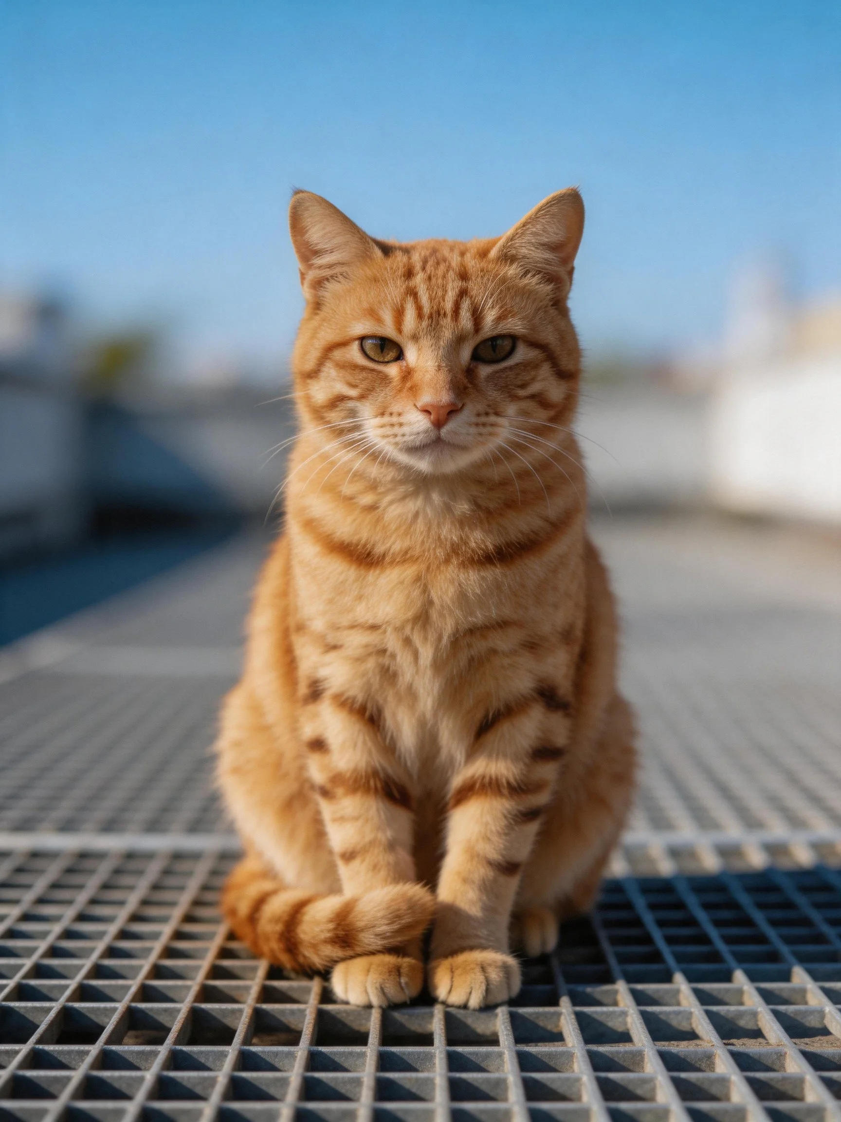 An orange tabby cat sits on a metal grid under clear blue sky