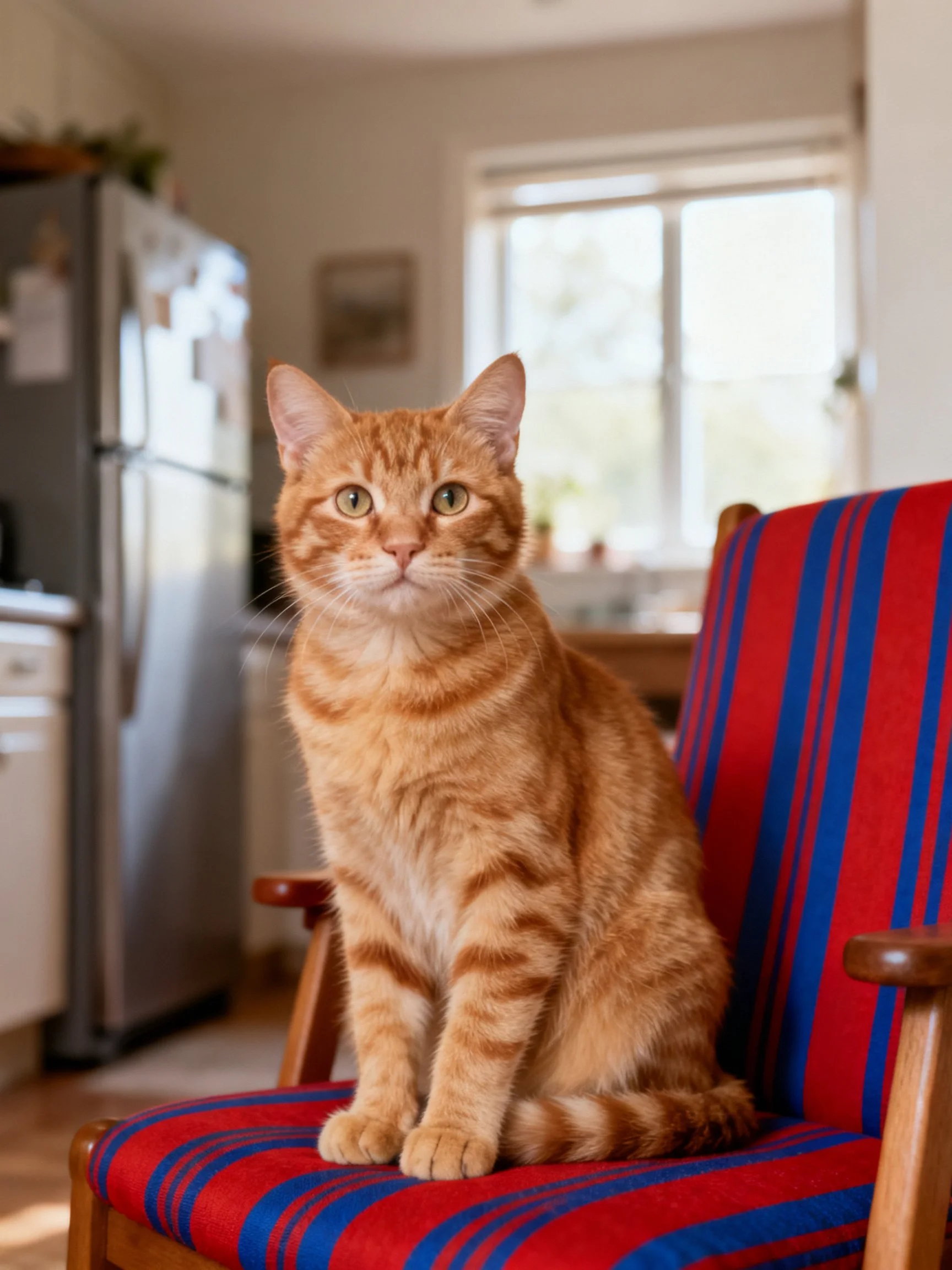 An orange tabby cat sits on a red-blue striped chair in a kitchen