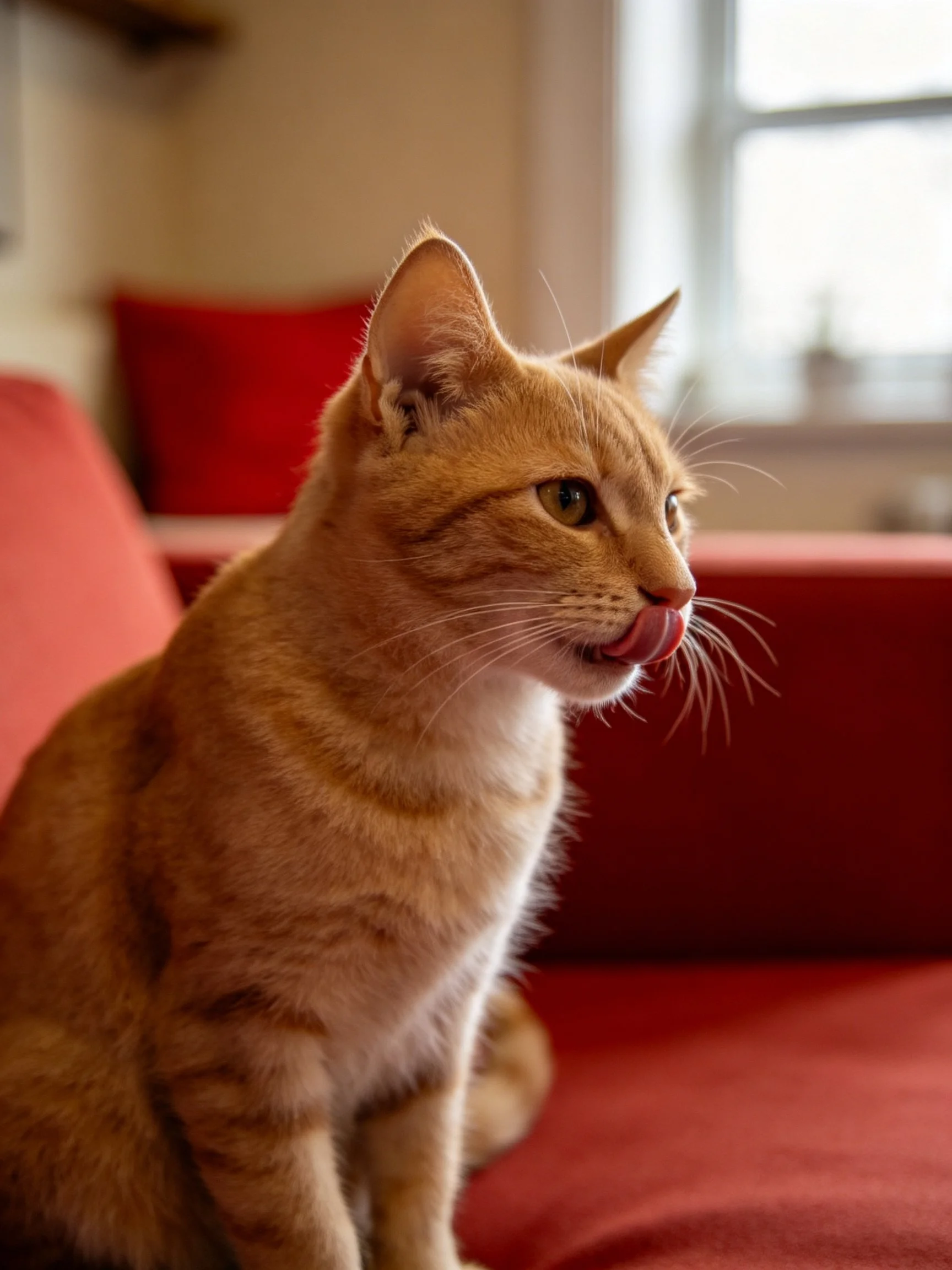 An orange tabby cat sits on a red couch, licking its lips