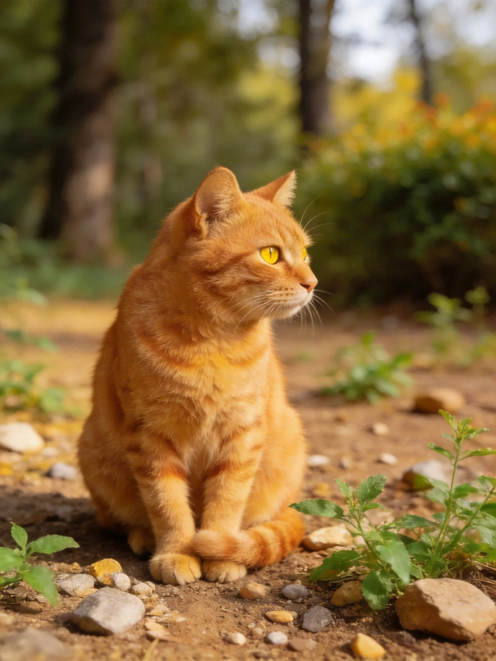 An orange tabby cat sits calmly on a rocky dirt path in a sunlit natural setting.