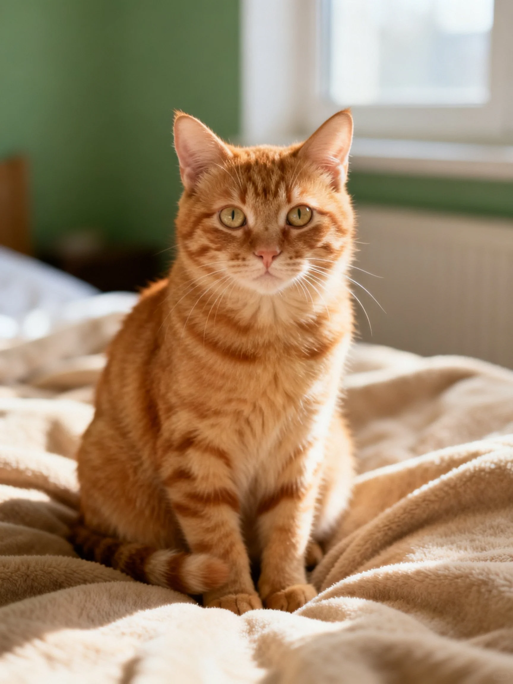 An orange tabby cat sits on a soft beige blanket near a green wall