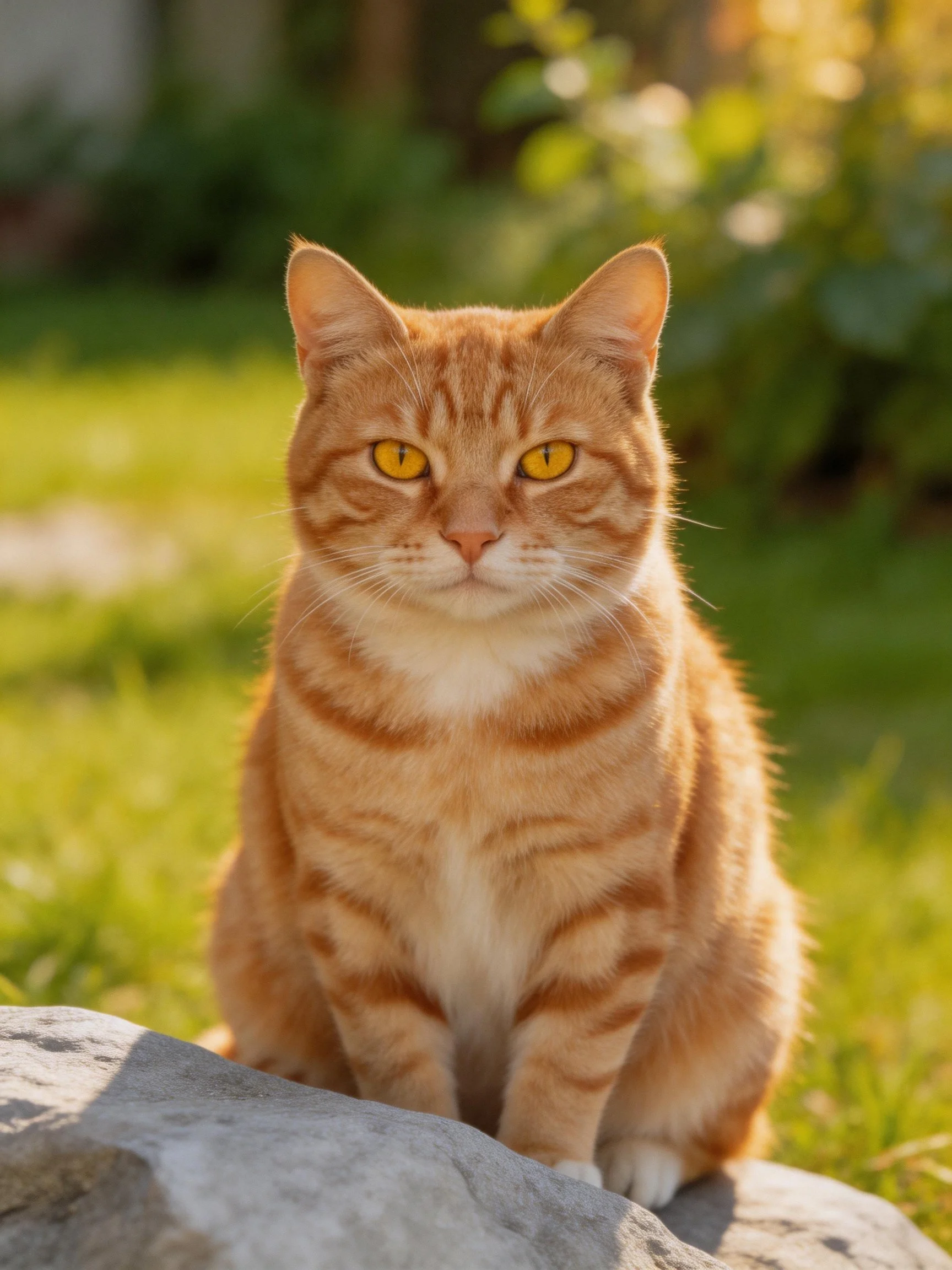 An orange tabby cat sits calmly on a stone amid a sunlit garden backdrop.