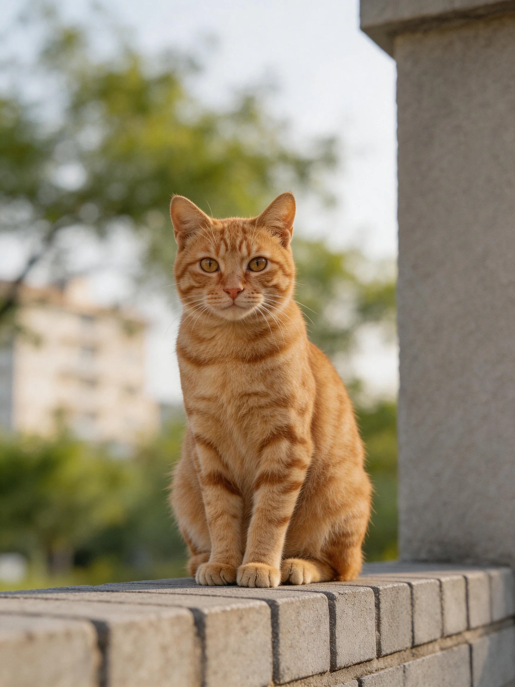 An orange tabby cat sits on a stone ledge with outdoor scenery in the background.