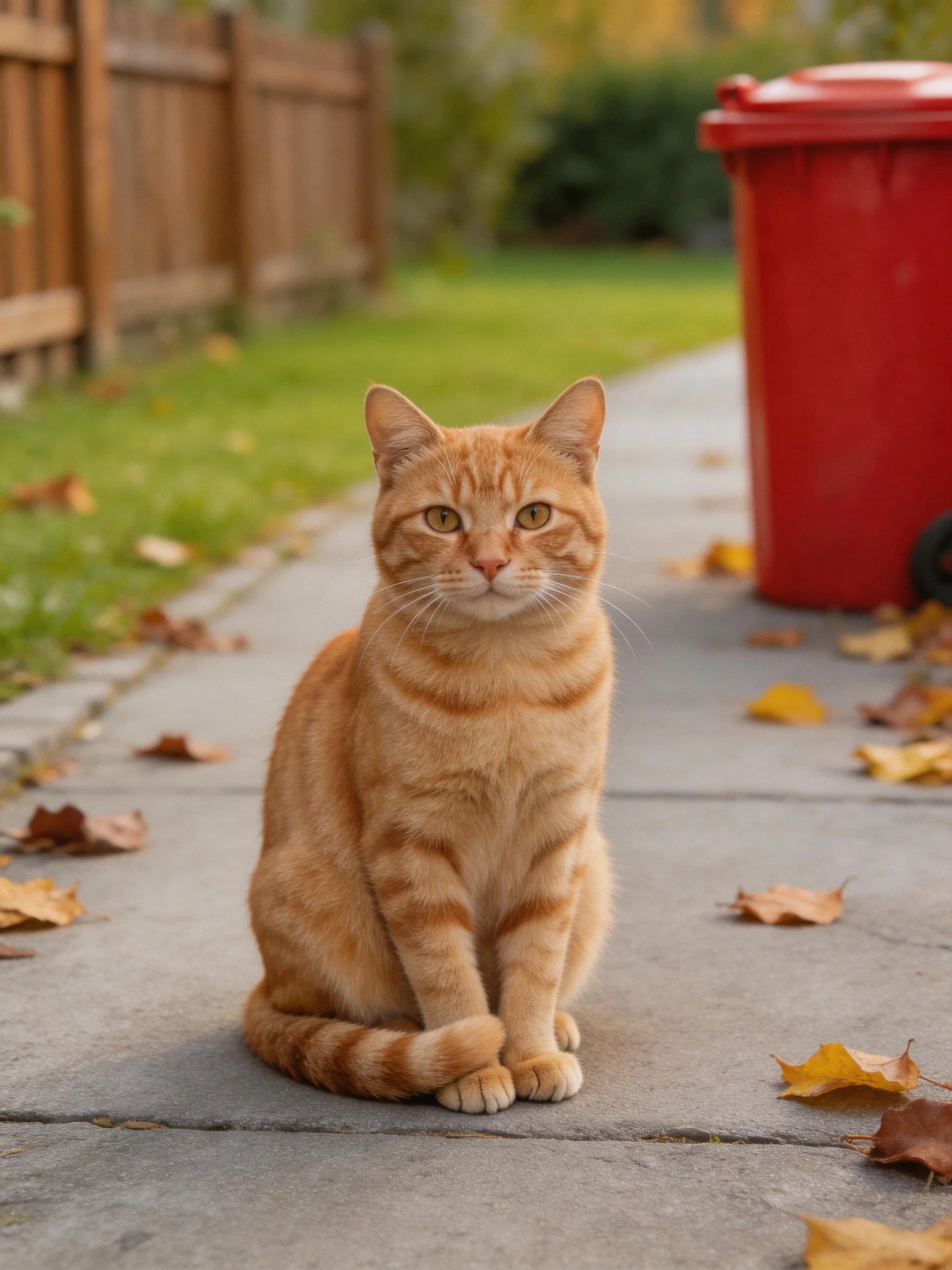 An orange tabby cat sits on a stone path next to a red trash bin.