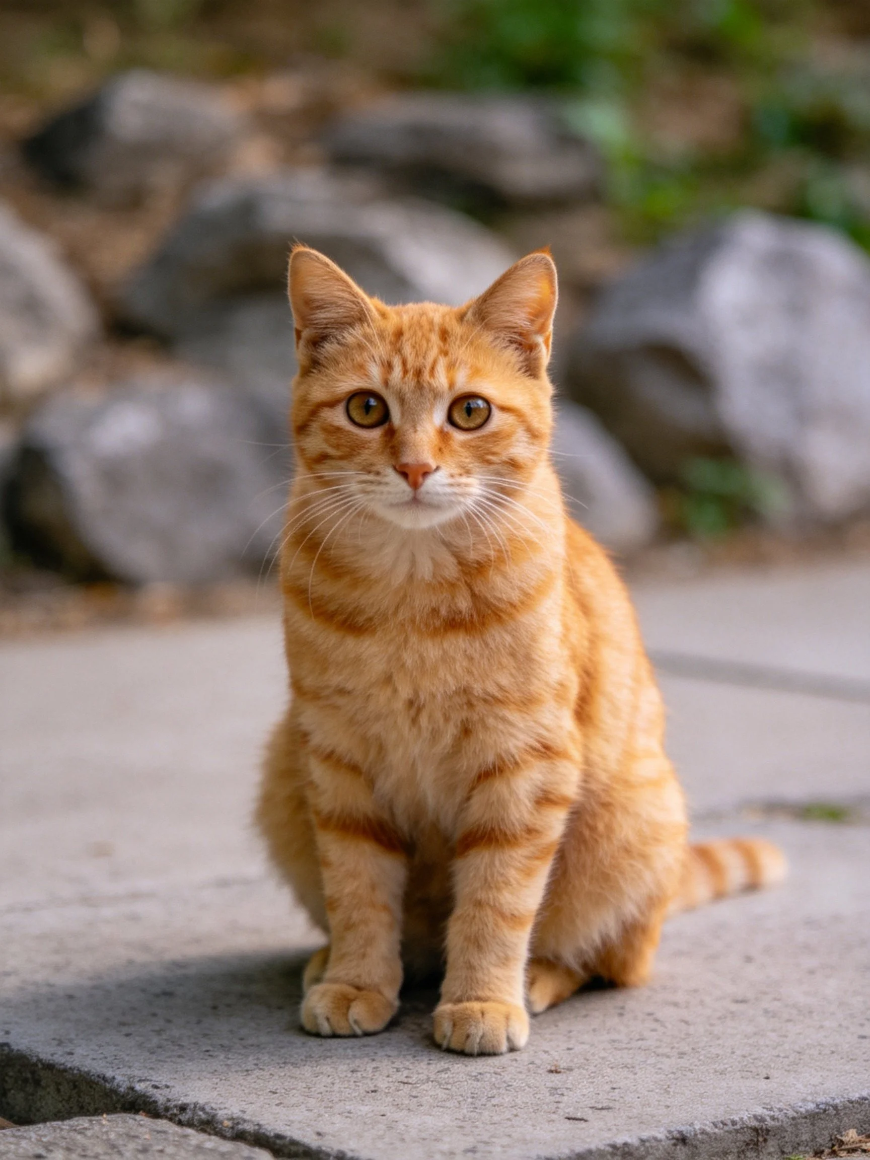 An orange tabby cat sits calmly on a stone path near rocks