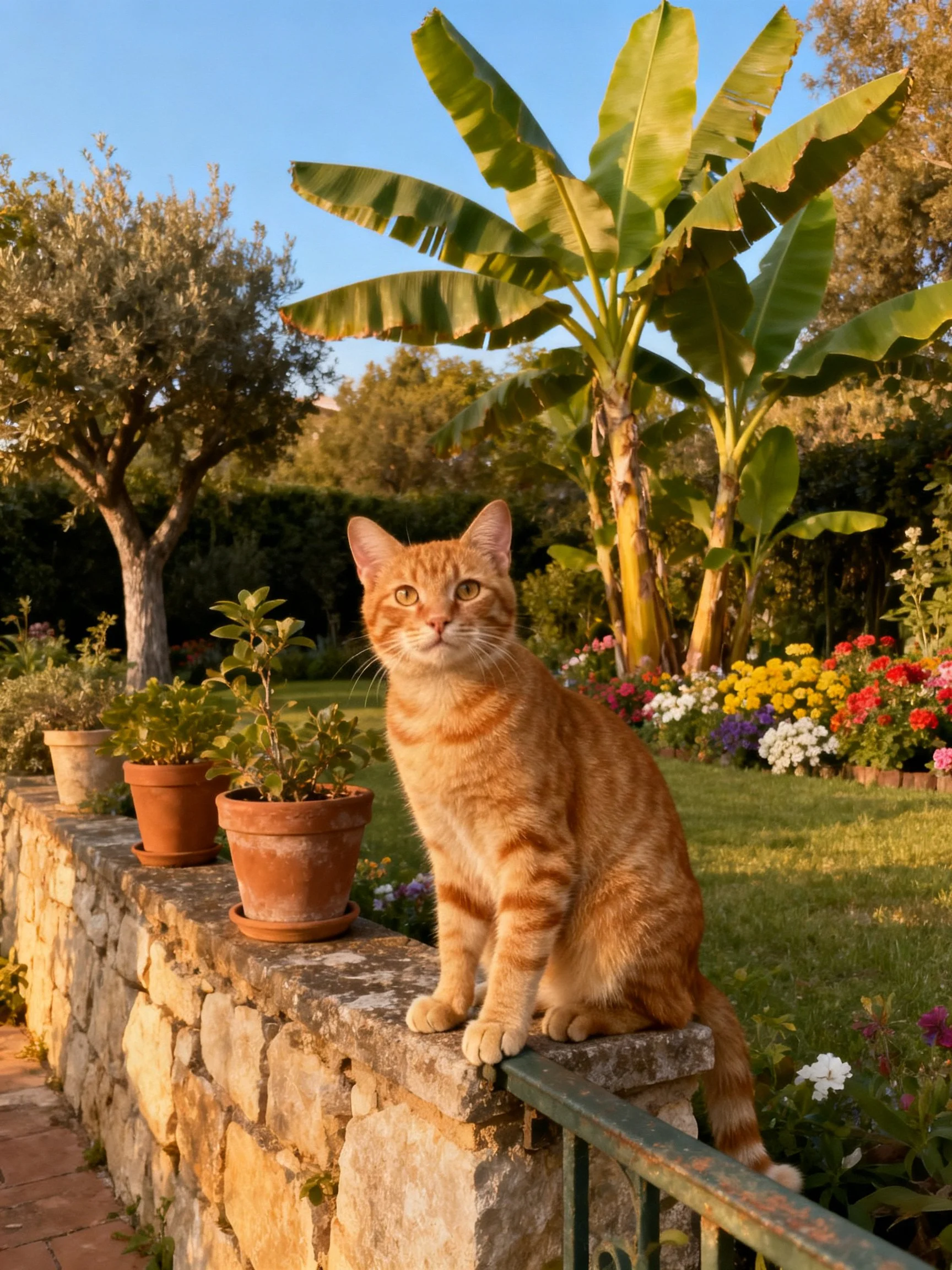 An orange tabby cat rests on a stone wall amid potted plants and flower beds in a sunny garden.