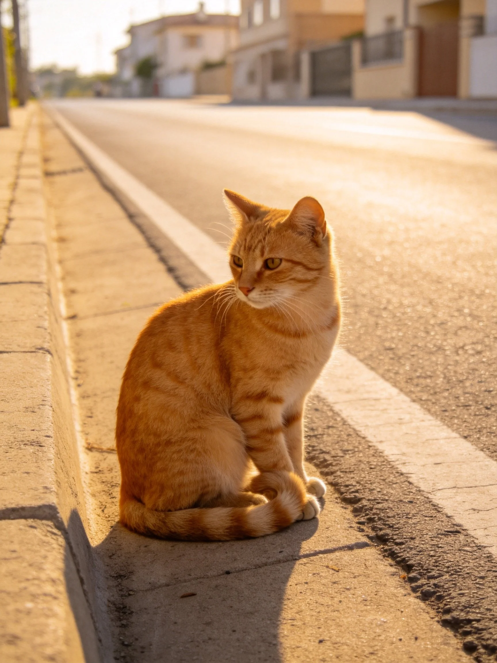 An orange tabby cat sits on a sunlit street curb near residential buildings.
