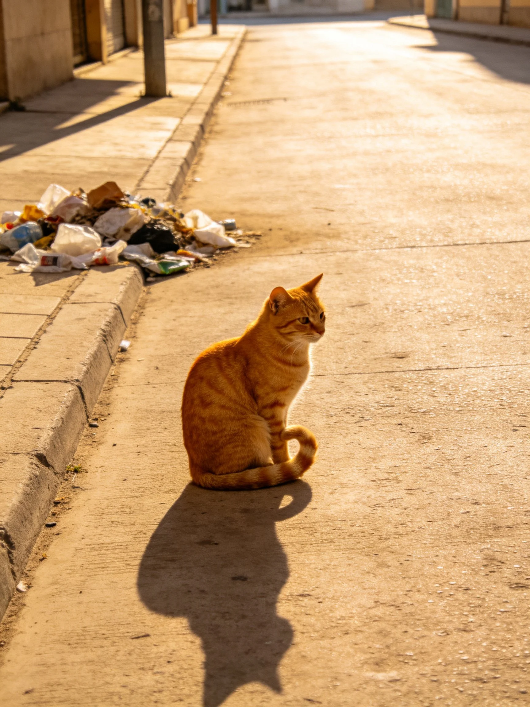 An orange tabby cat rests on a sunlit urban street with nearby litter.