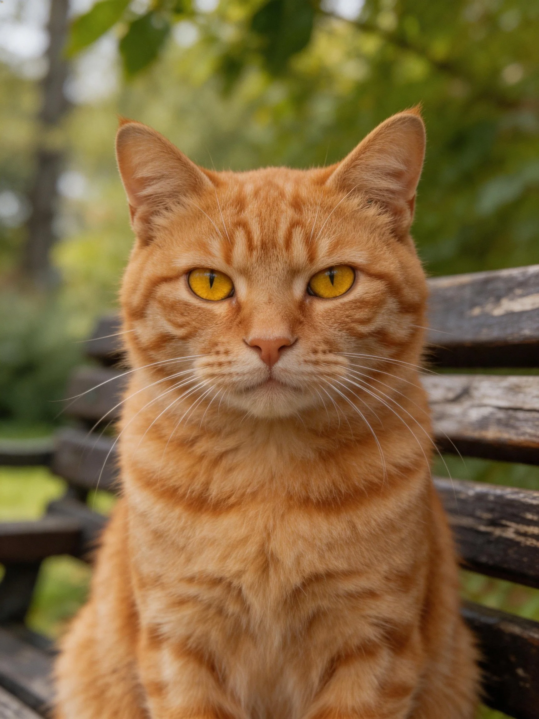 An orange tabby cat sits on a weathered park bench