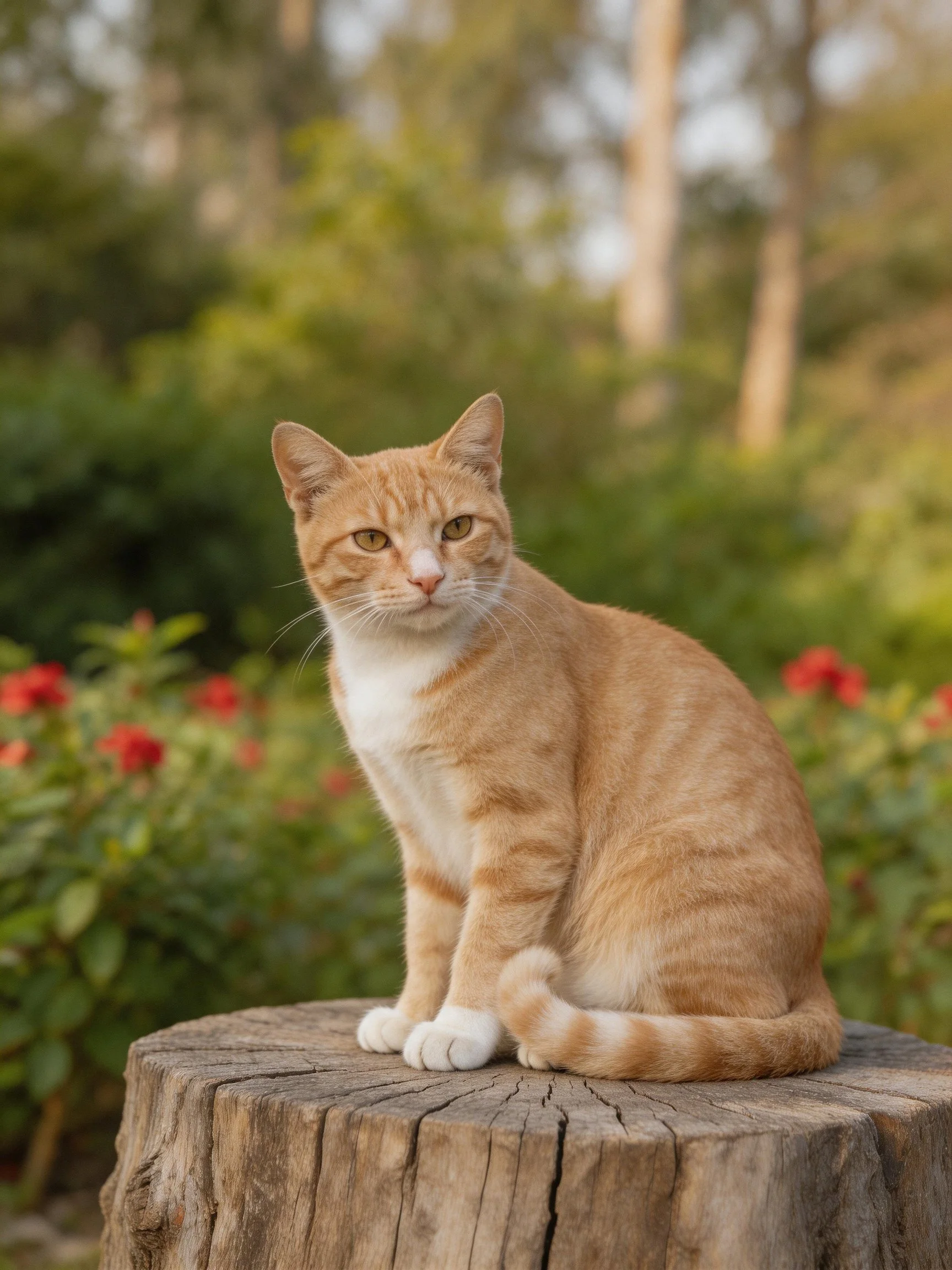 An orange tabby cat sits on a weathered tree stump amid green foliage and red blooms