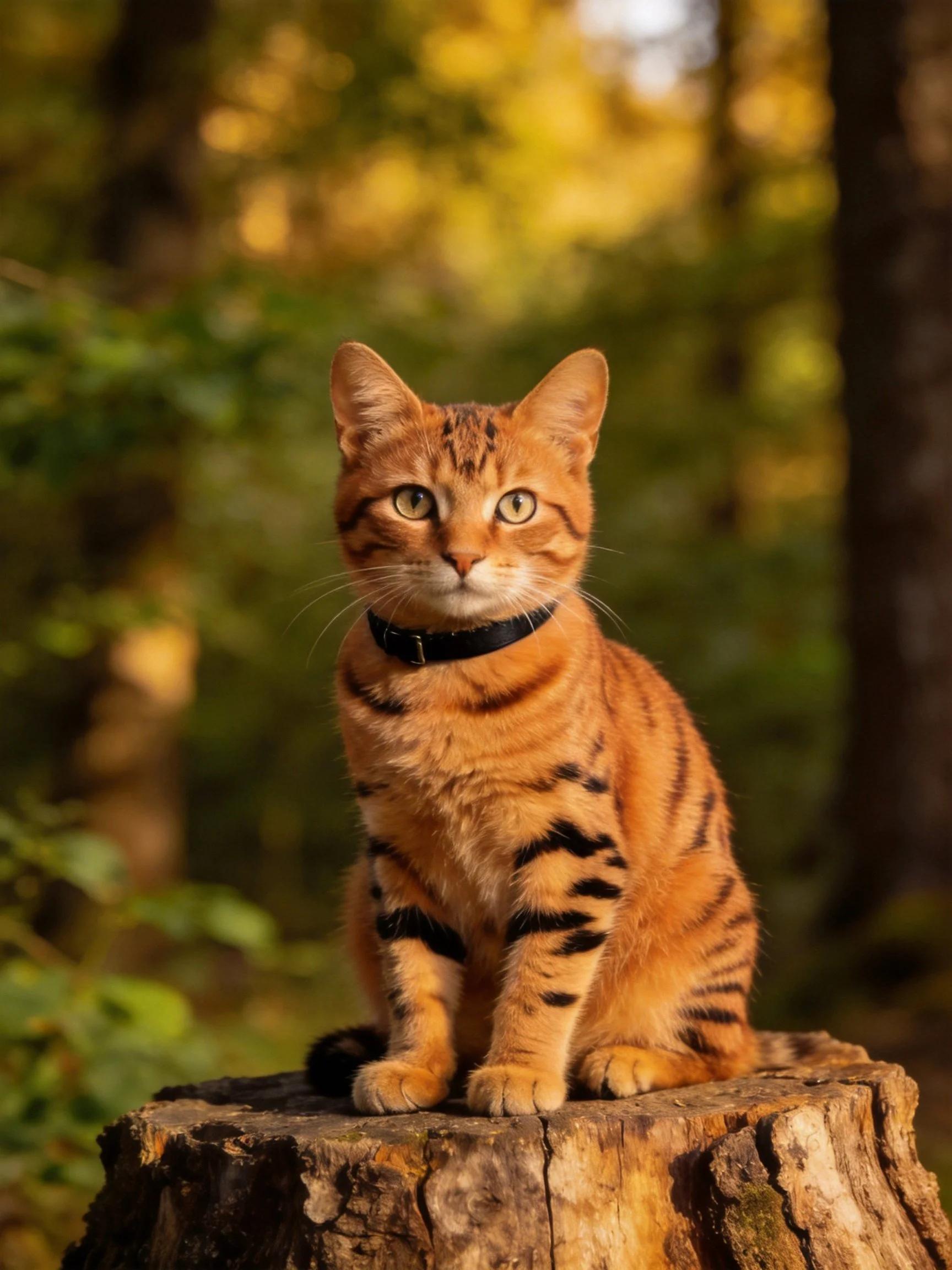 An orange tabby cat sits on a weathered tree stump in a sunlit forest.