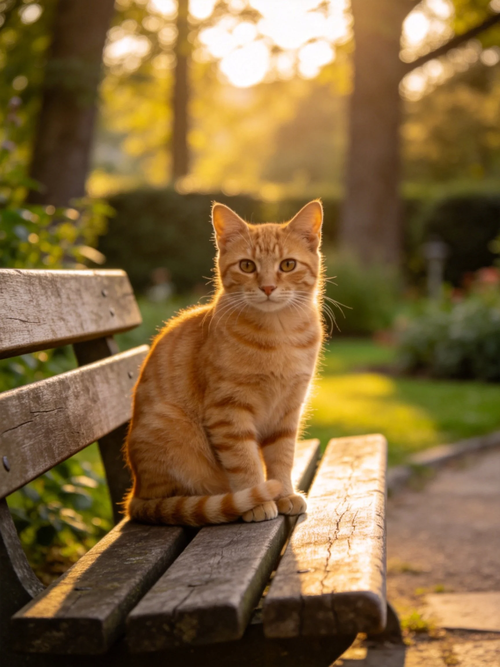 An orange tabby cat sits on a wooden bench in a sunlit park setting.