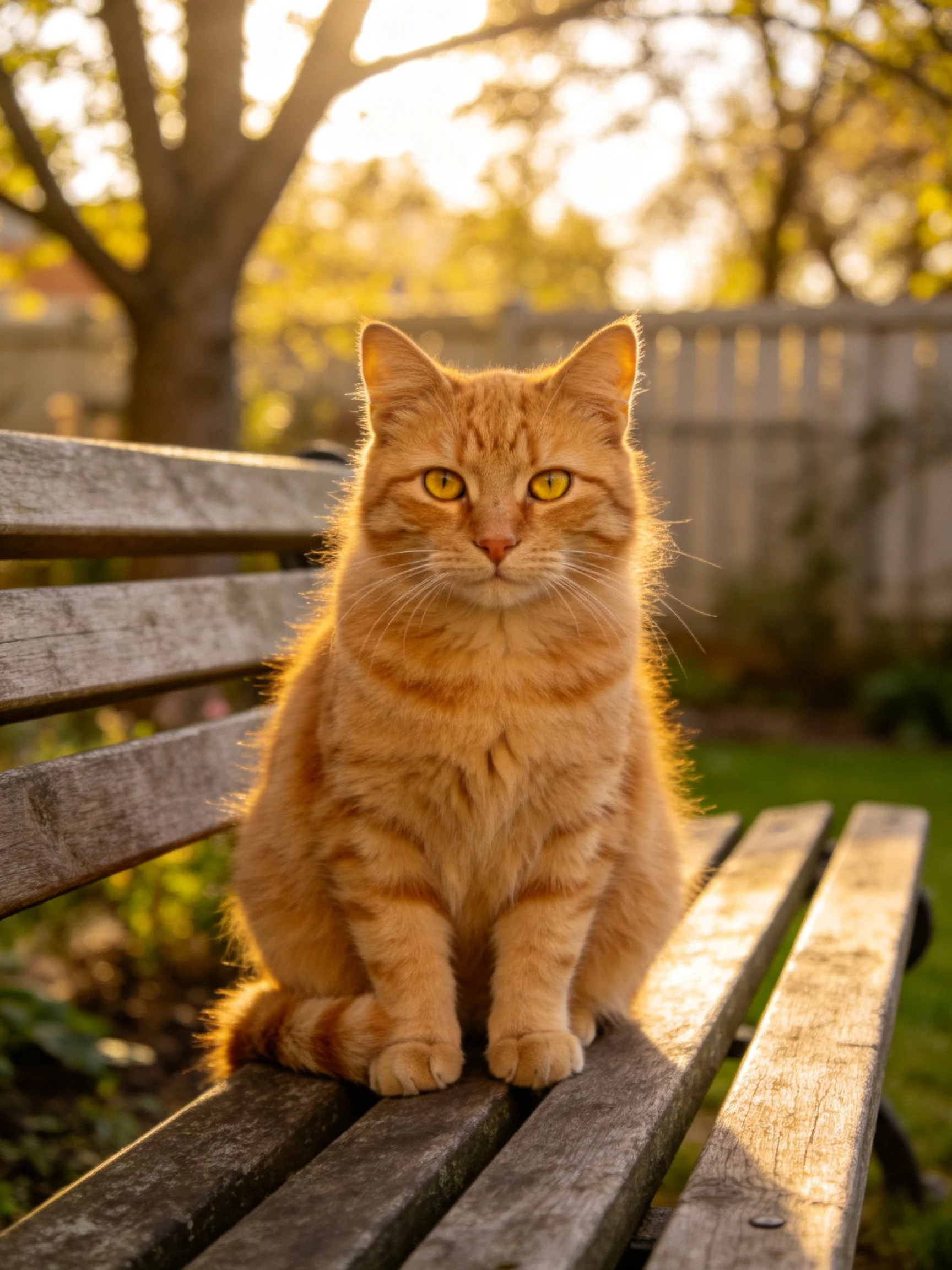 An orange tabby cat sits calmly on a wooden bench in a sunlit backyard.