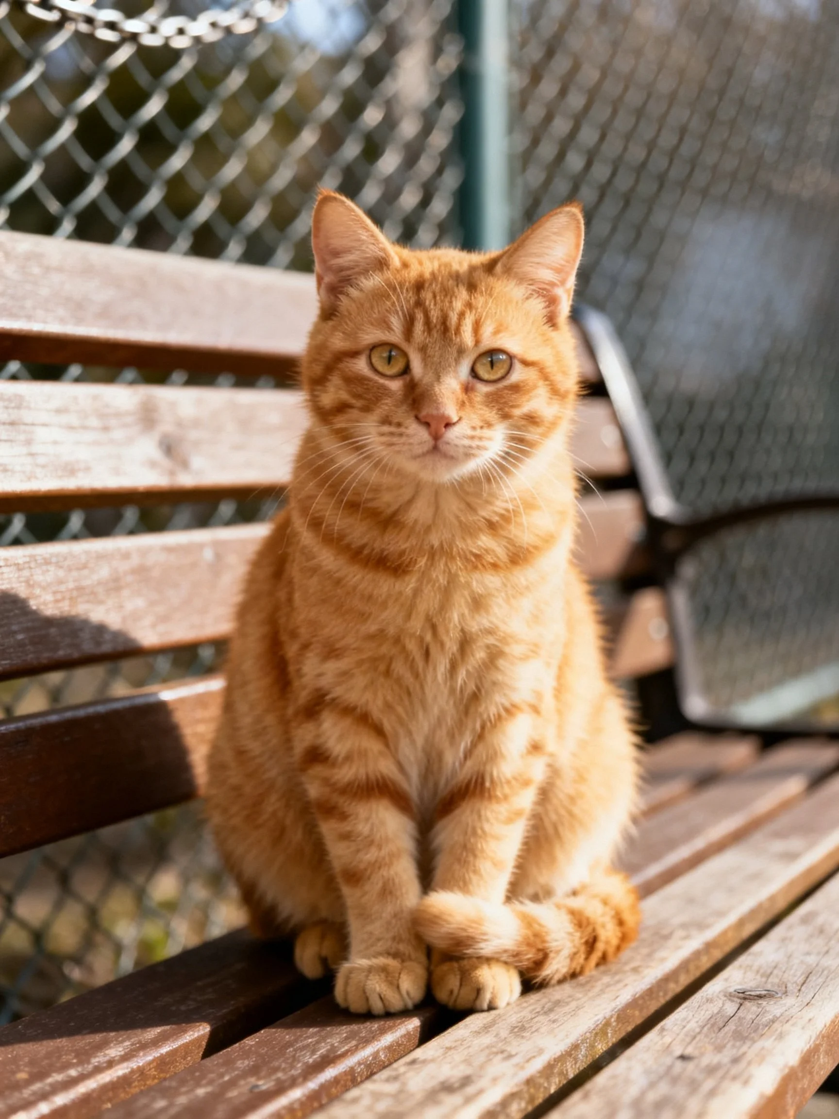 An orange tabby cat sits on a weathered wooden bench outdoors