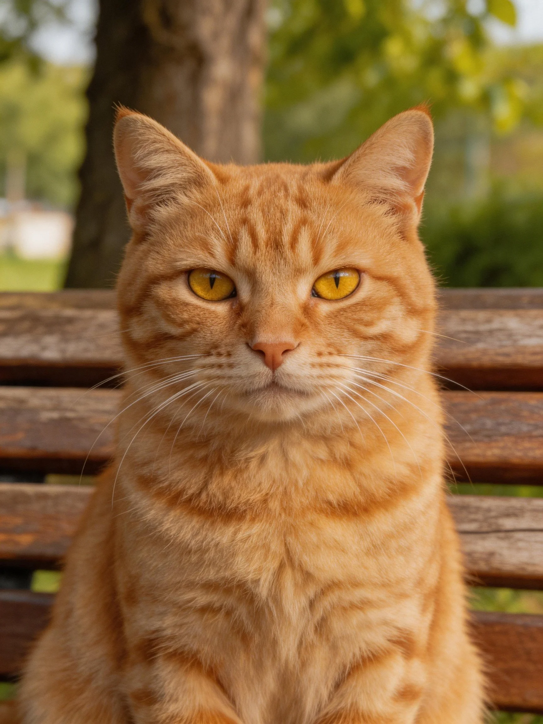 An orange tabby cat sits on a weathered wooden bench outdoors.