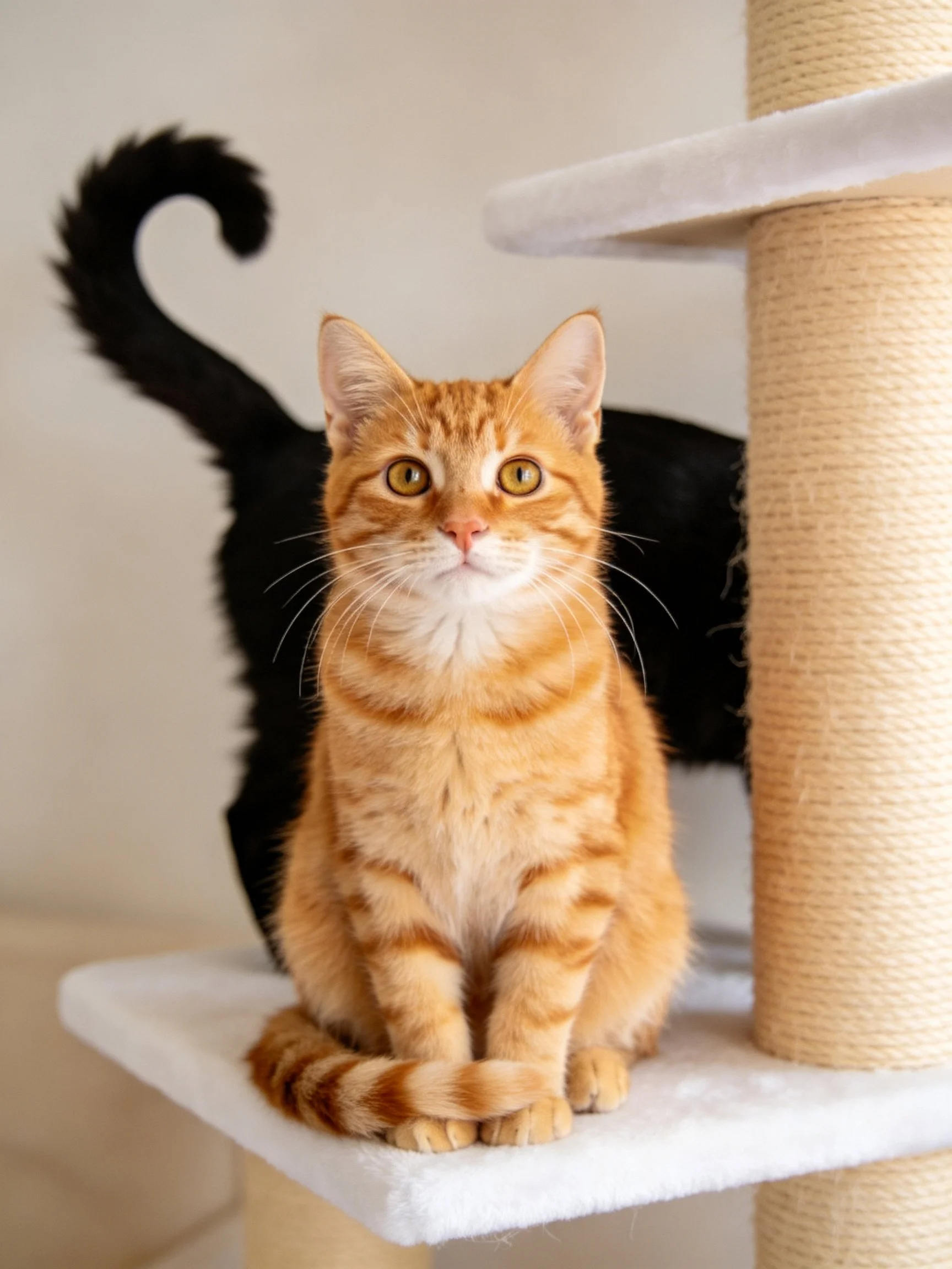 An orange tabby cat sits on a white platform while a black cat rests behind.