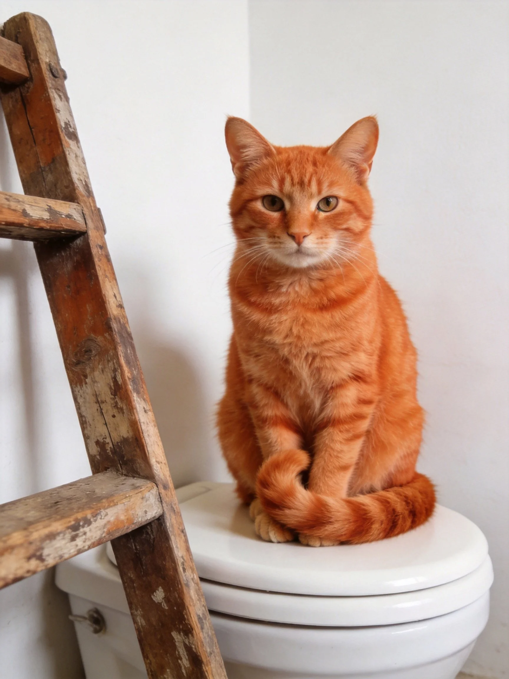 An orange tabby cat sits on a white toilet next to a worn wooden ladder.
