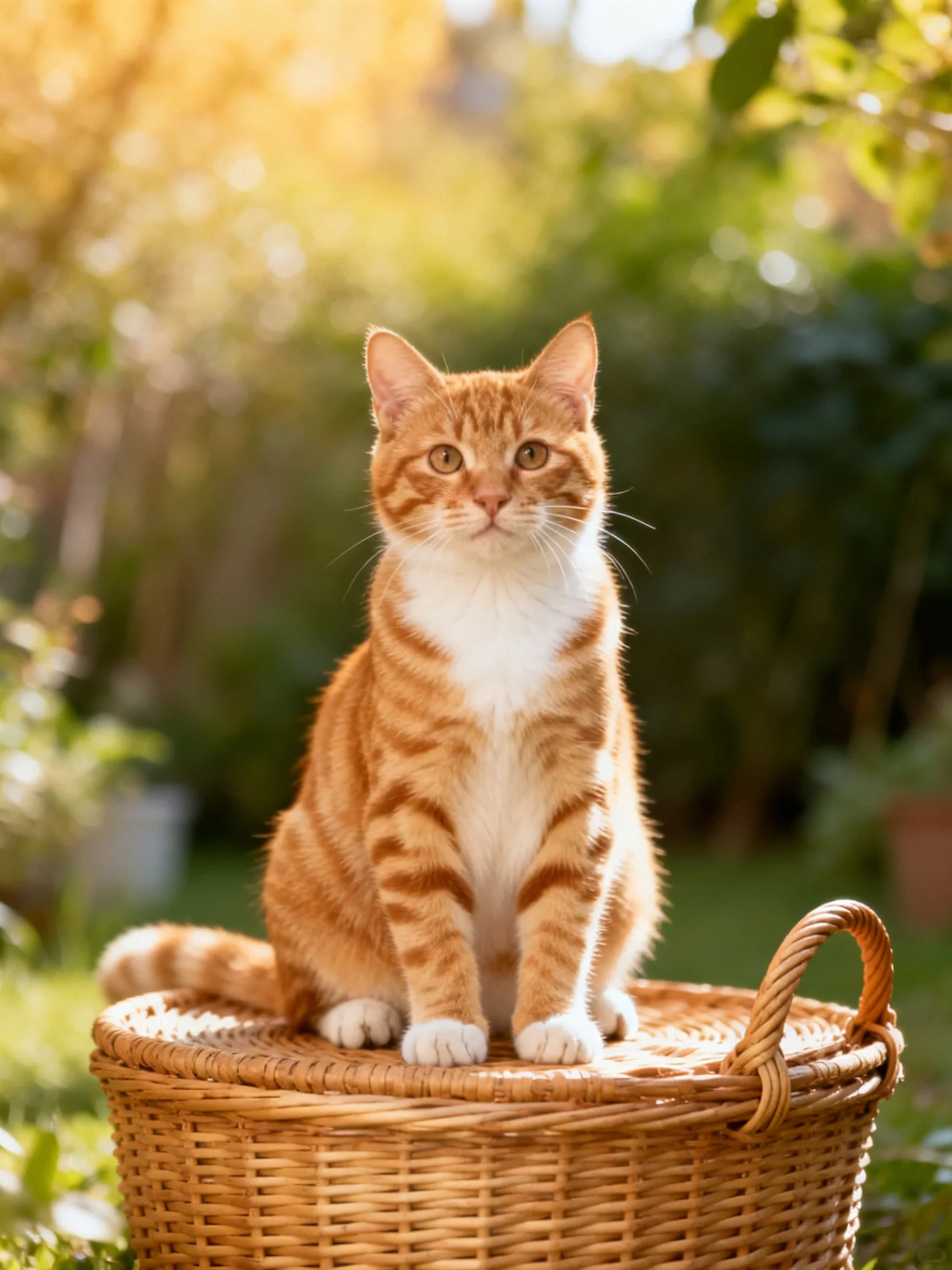 An orange tabby cat sits on a wicker basket in a sunlit garden setting.