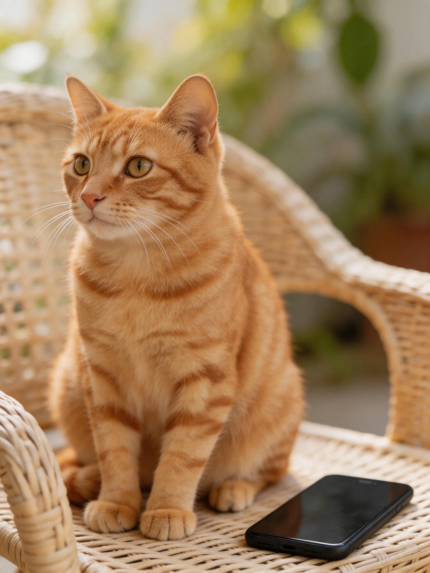An orange tabby cat sits on a wicker chair next to a smartphone in a sunlit outdoor area.