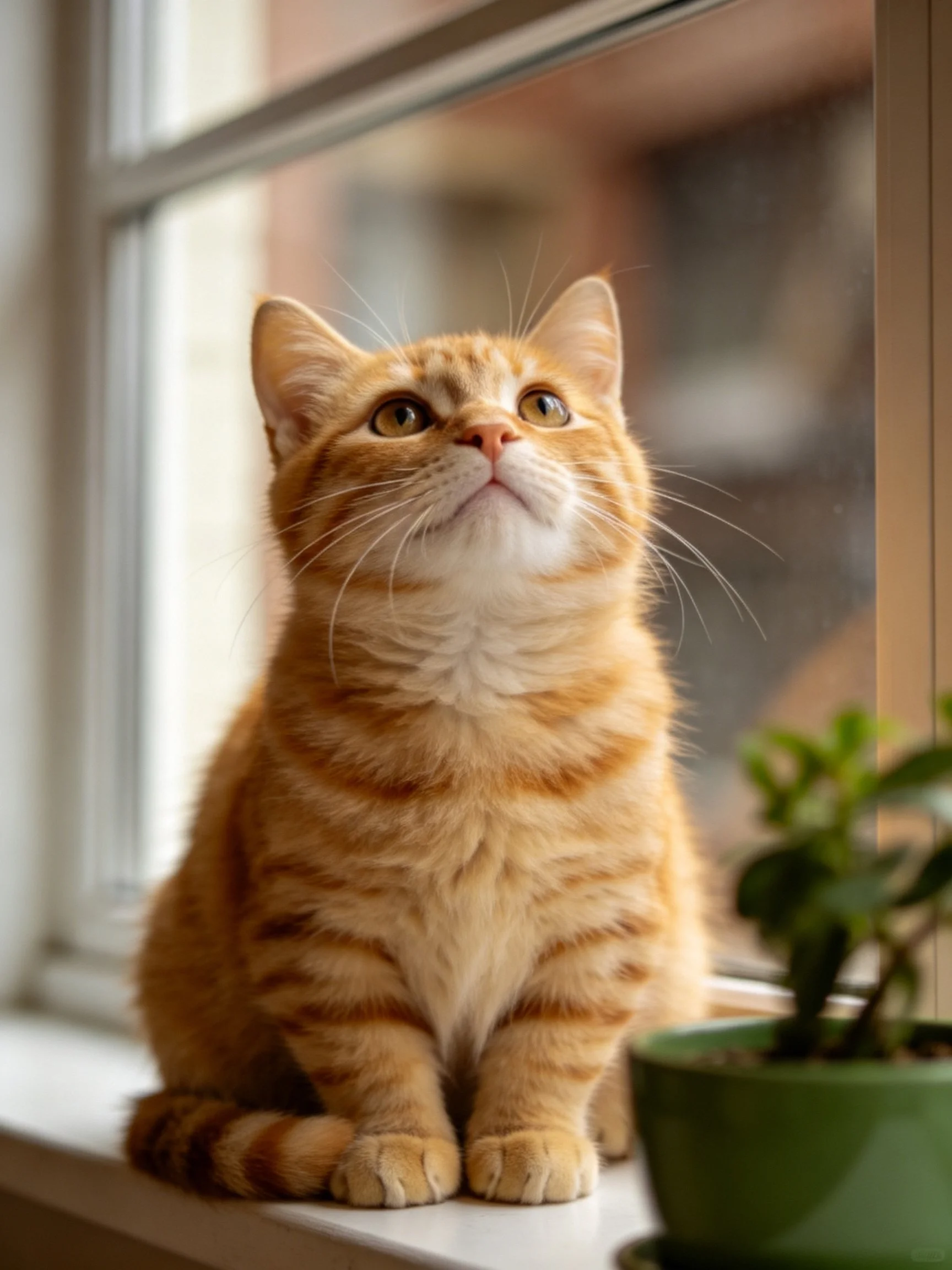 An orange tabby cat sits on a windowsill next to a green potted plant.