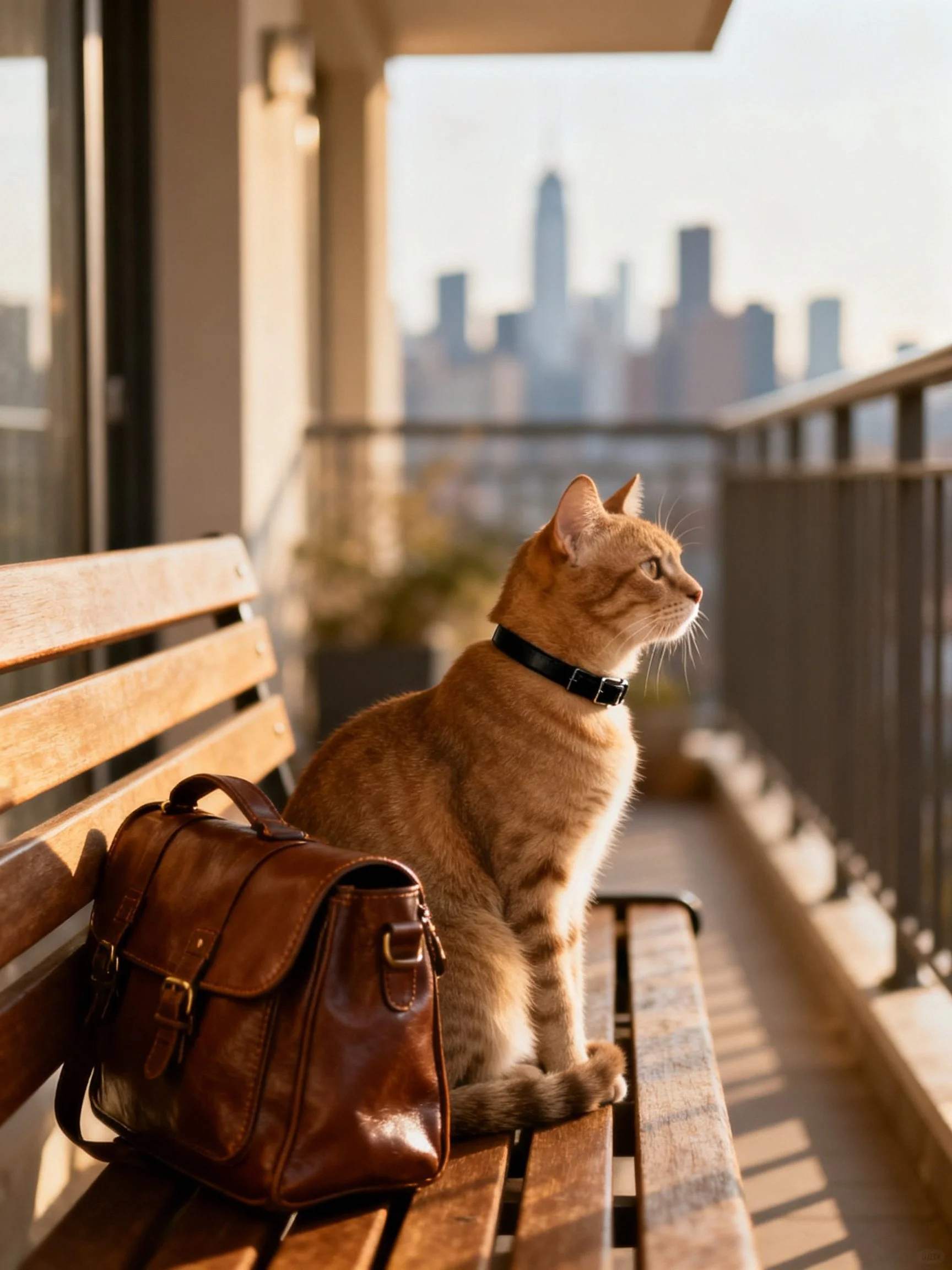 An orange tabby cat sits on a wooden bench next to a brown leather bag with a city skyline in the distance.