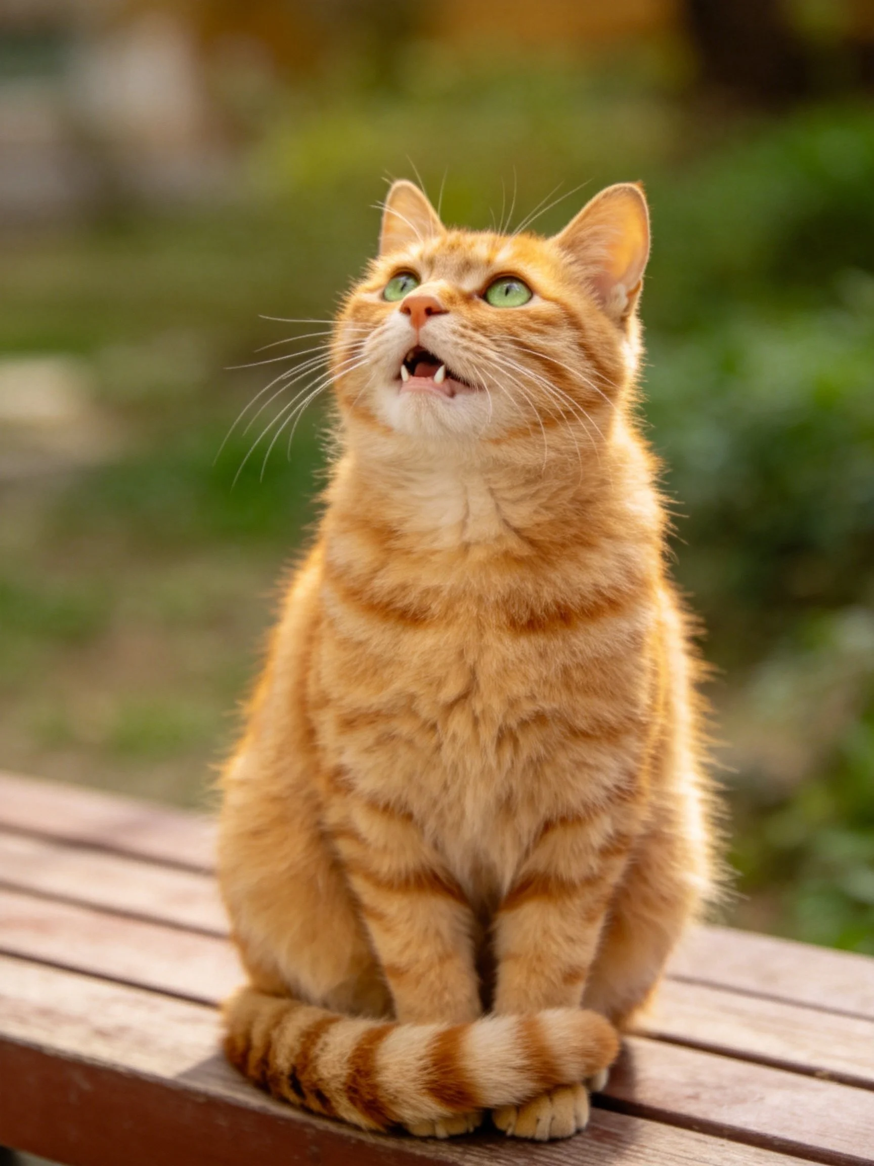 An orange tabby cat sits on a wooden bench in bright daylight