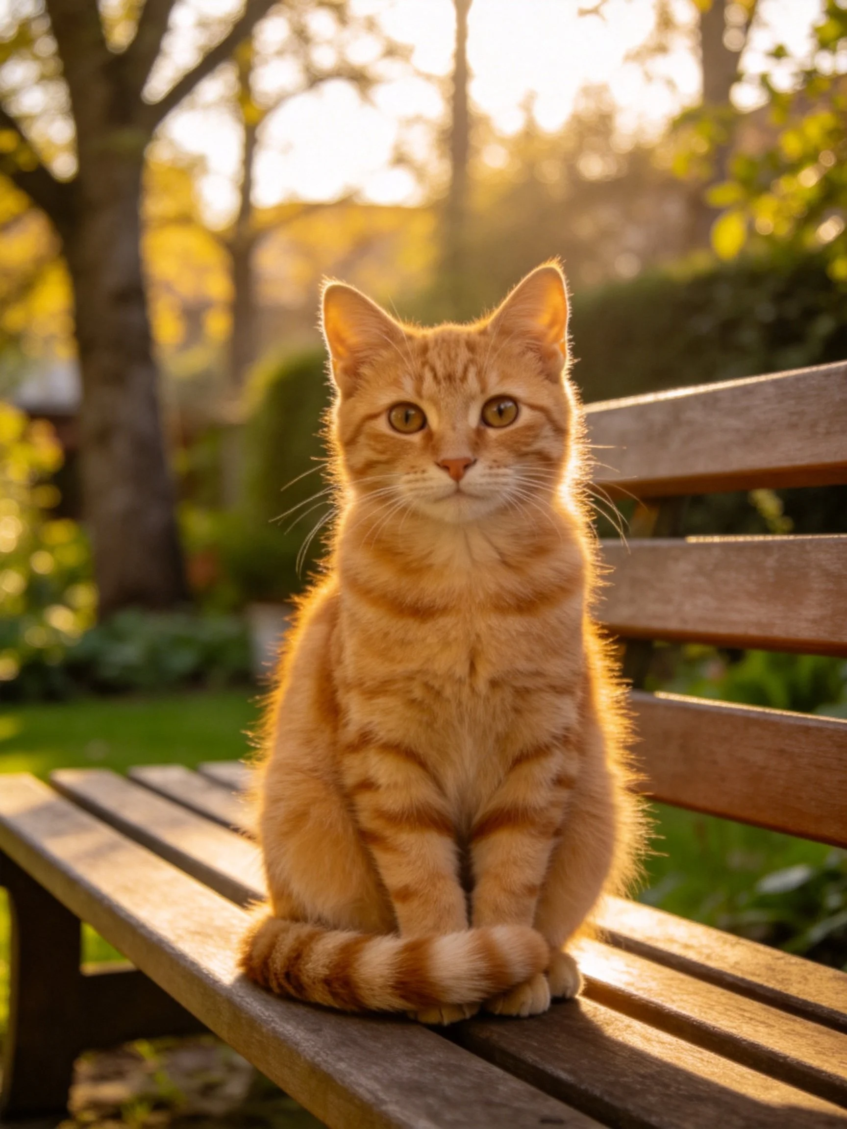 An orange tabby cat sits calmly on a wooden bench in a sunlit garden.