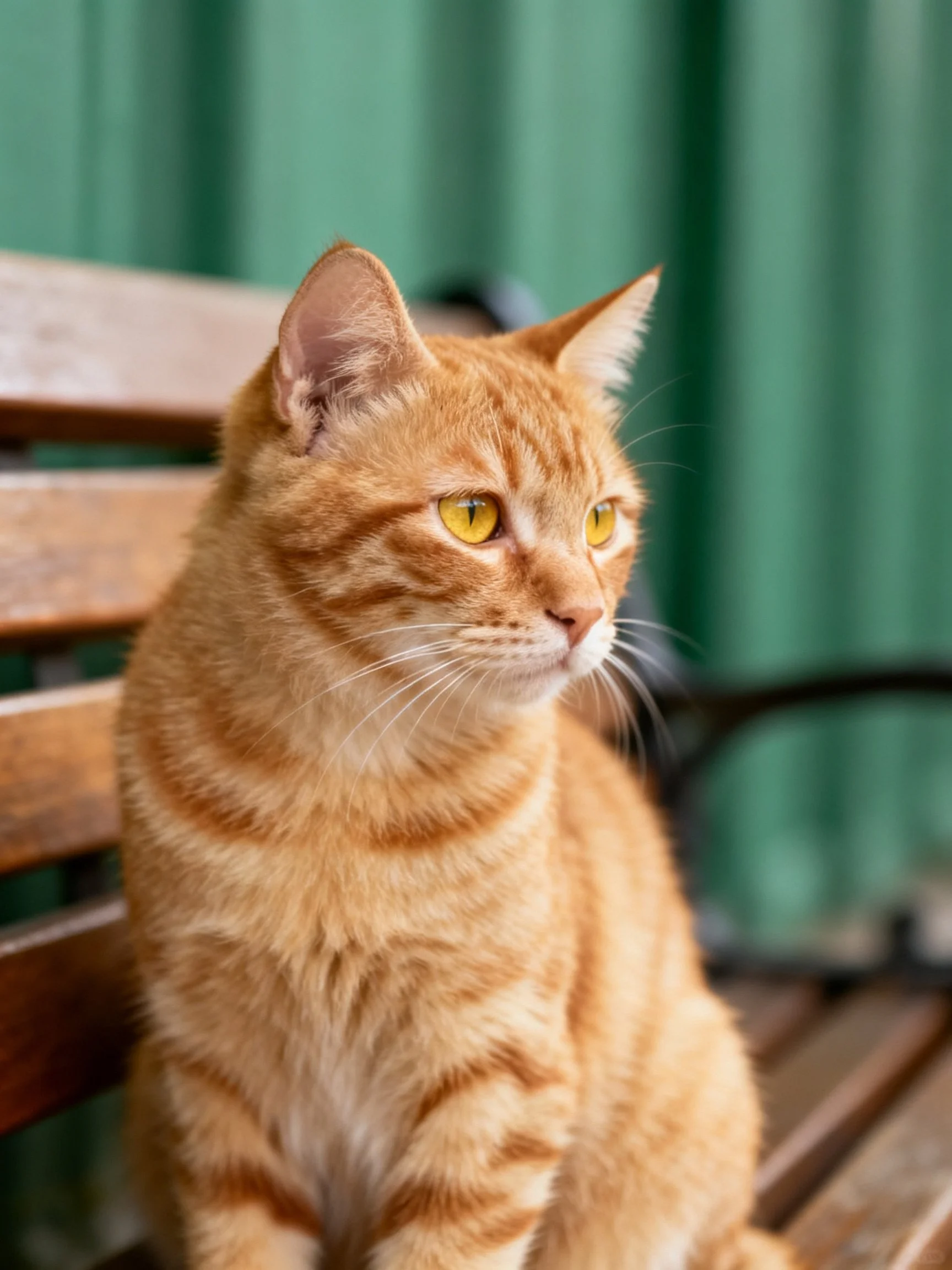 An orange tabby cat sits calmly on a wooden bench near a green backdrop.