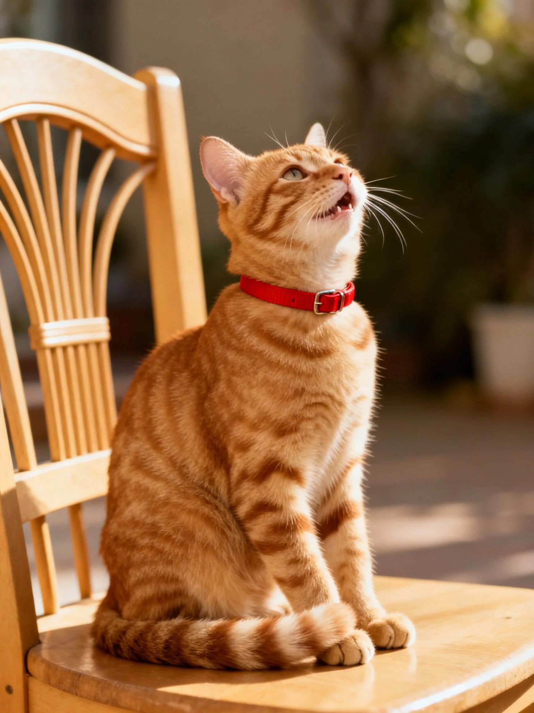 An orange tabby cat sits on a wooden chair in natural light