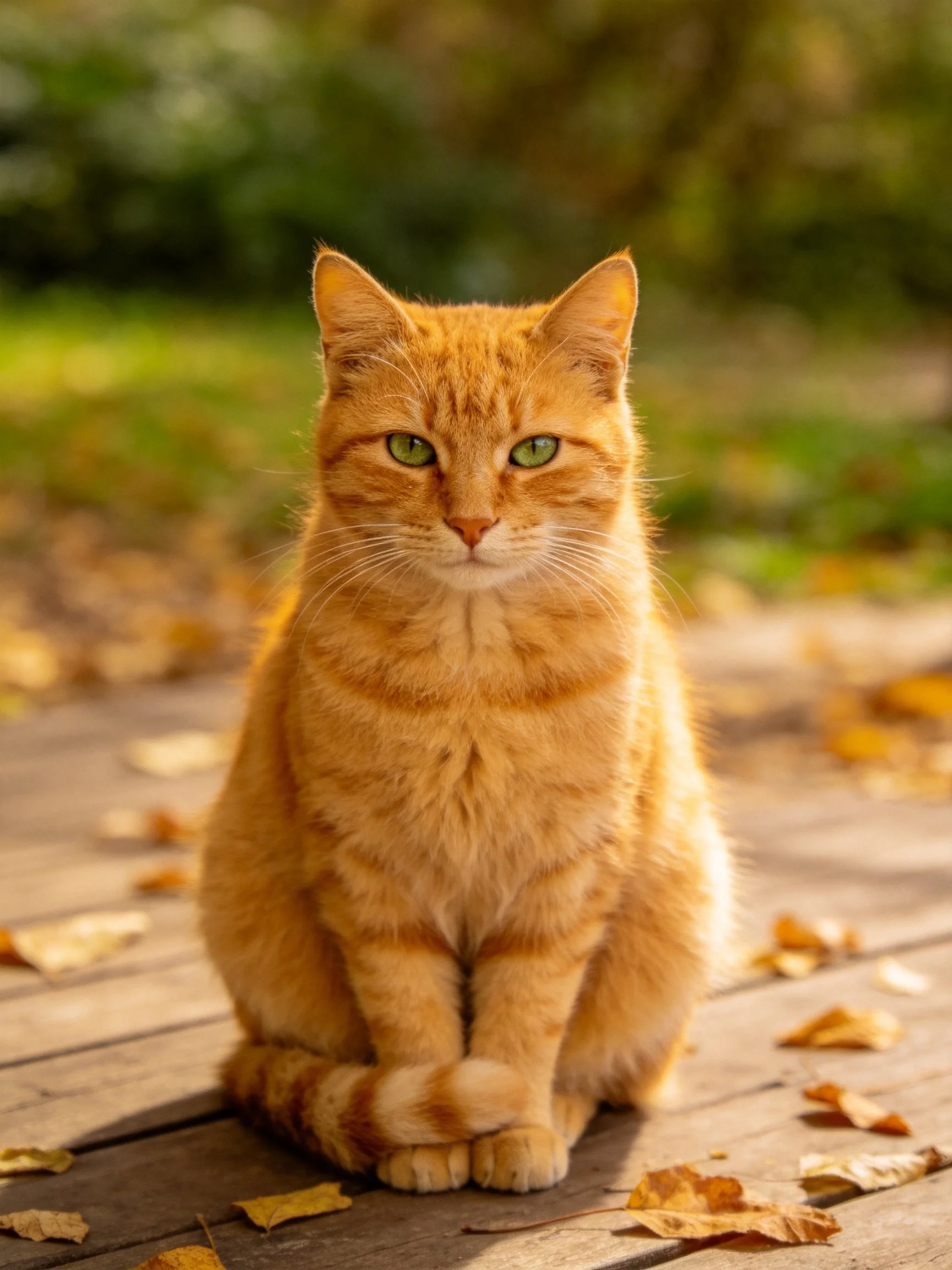 An orange tabby cat sits on a wooden deck with autumn leaves surrounding it.