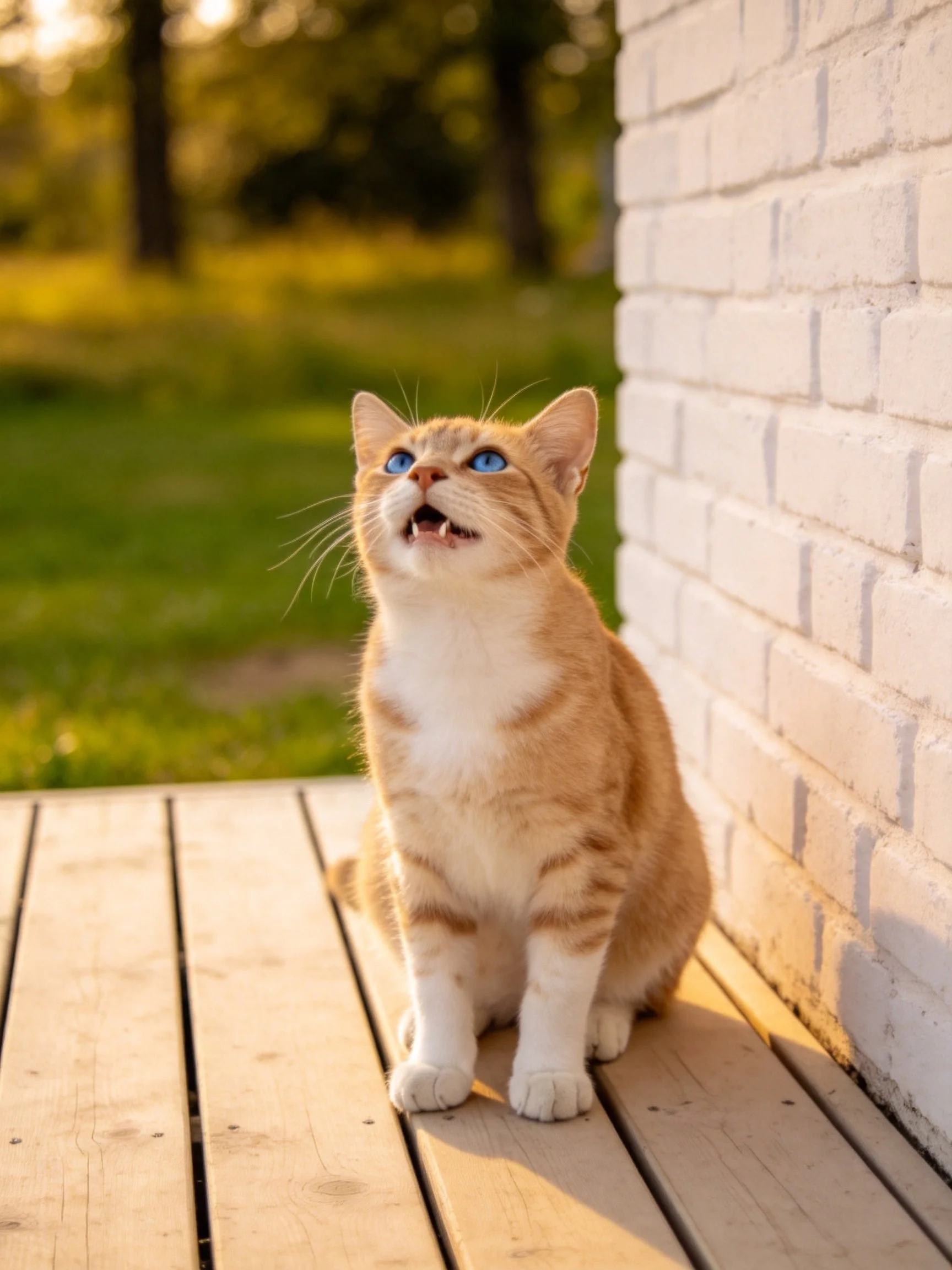An orange tabby cat sits on a wooden deck beside a white brick wall in a sunlit outdoor setting.