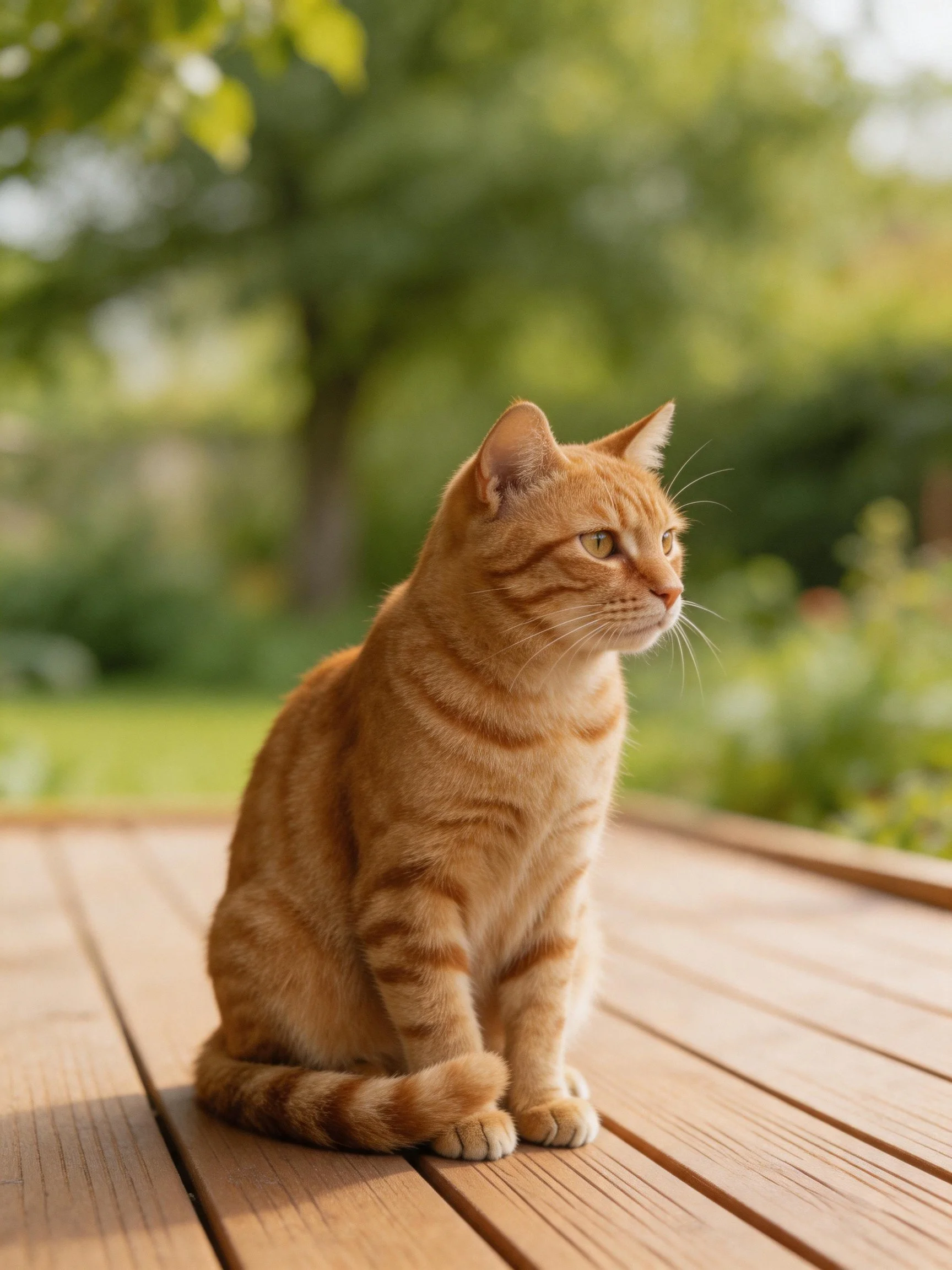 An orange tabby cat sits on a wooden deck amid a sunlit outdoor setting