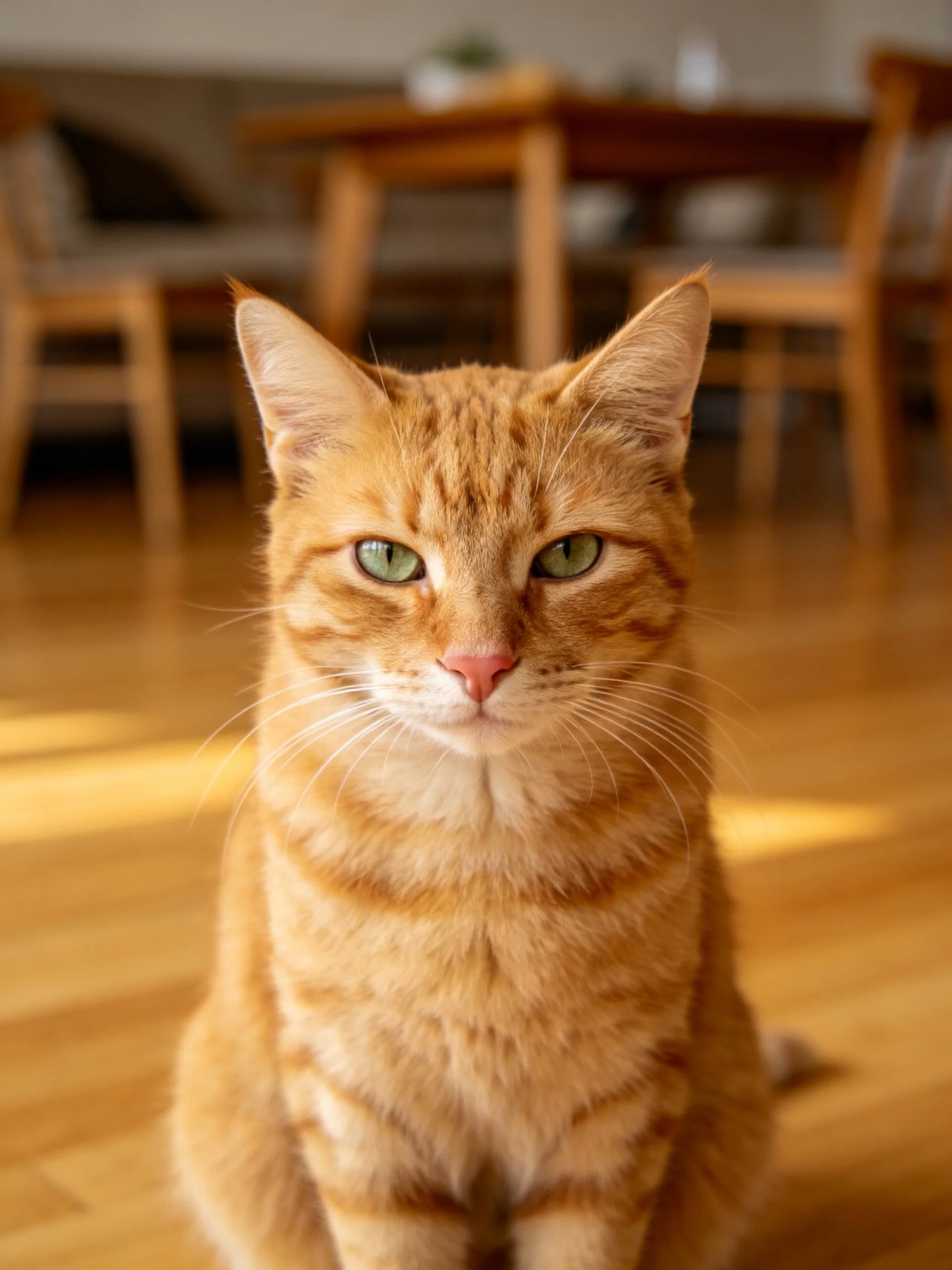 An orange tabby cat sits on a wooden floor with a blurred dining area in the background