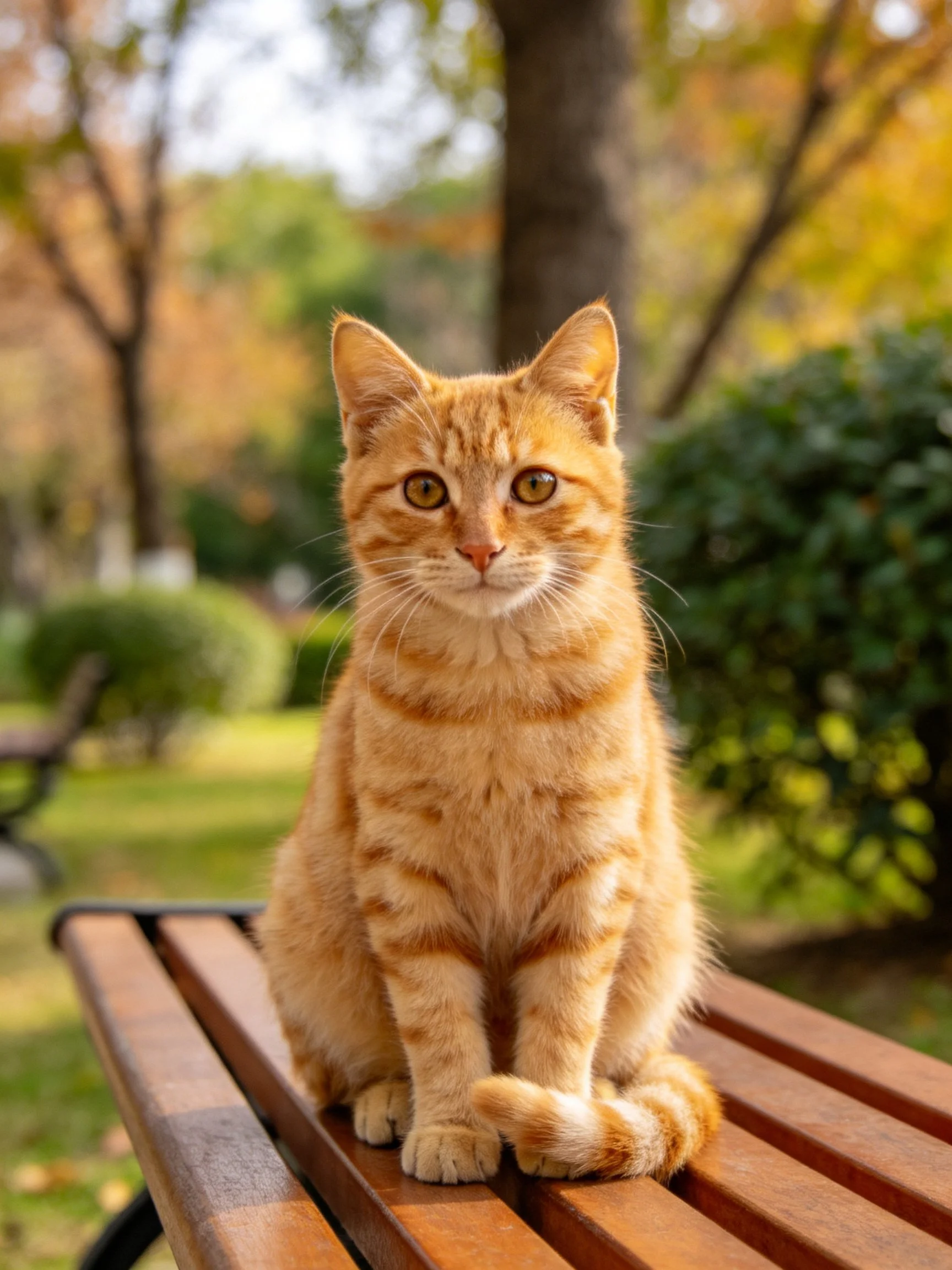 An orange tabby cat sits on a wooden bench in a sunlit park