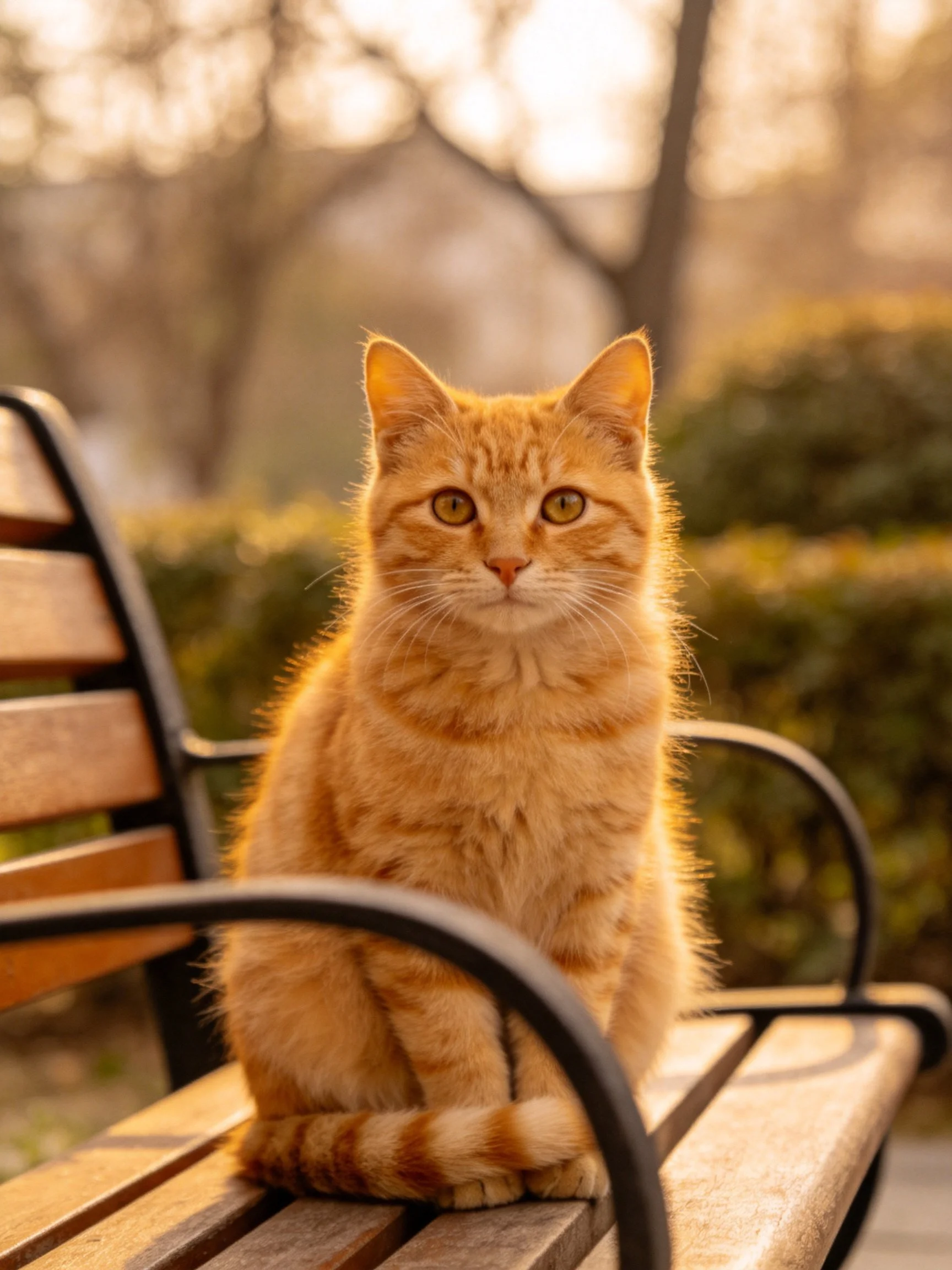 An orange tabby cat sits on a wooden park bench in a sunlit outdoor setting.