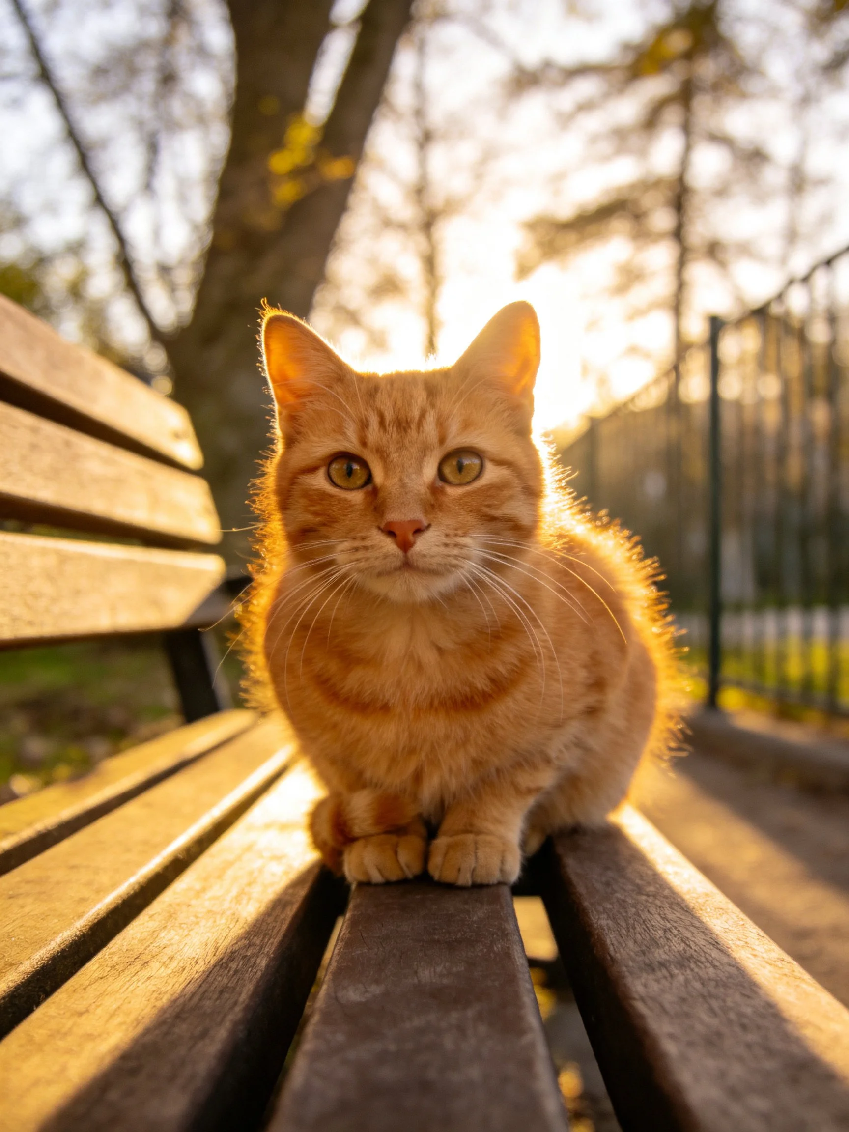 An orange tabby cat rests on a wooden bench in a sunlit outdoor setting.