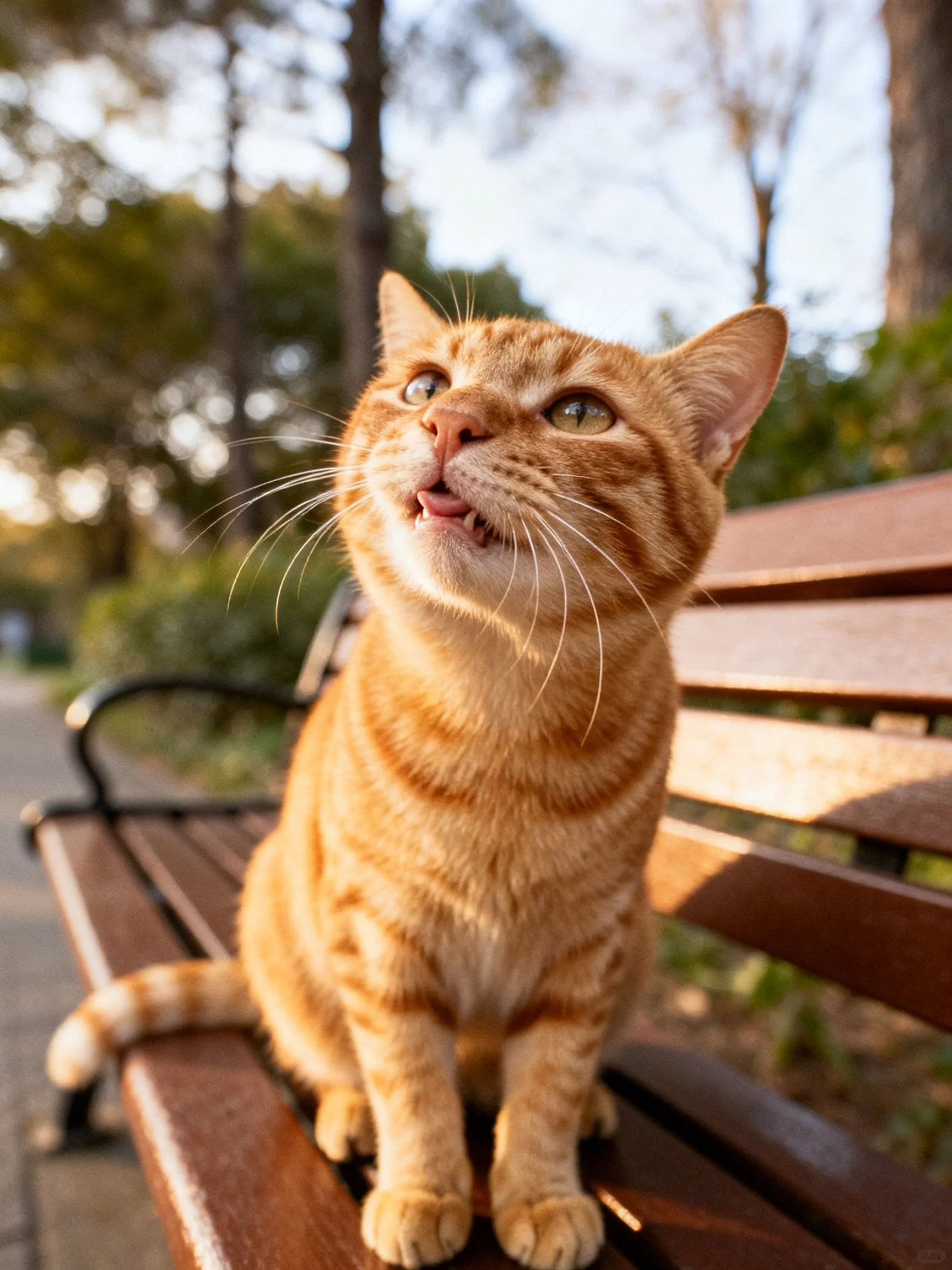 An orange tabby cat sits on a wooden park bench in bright daylight
