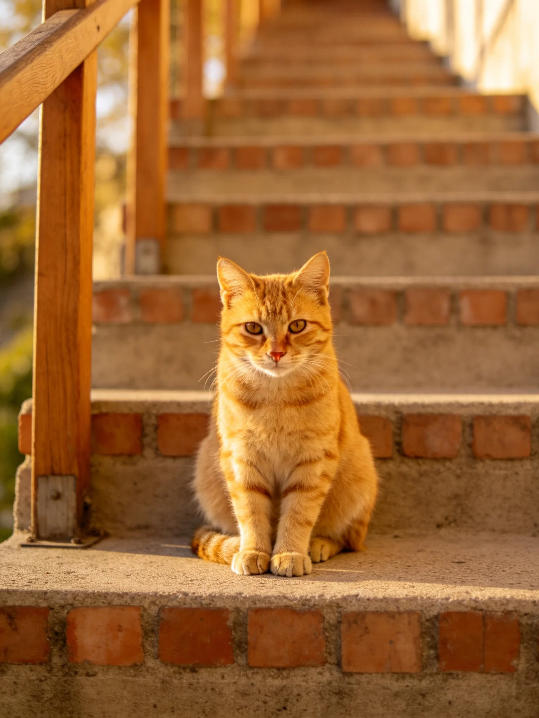 An orange tabby cat sits calmly on outdoor brick and concrete steps.