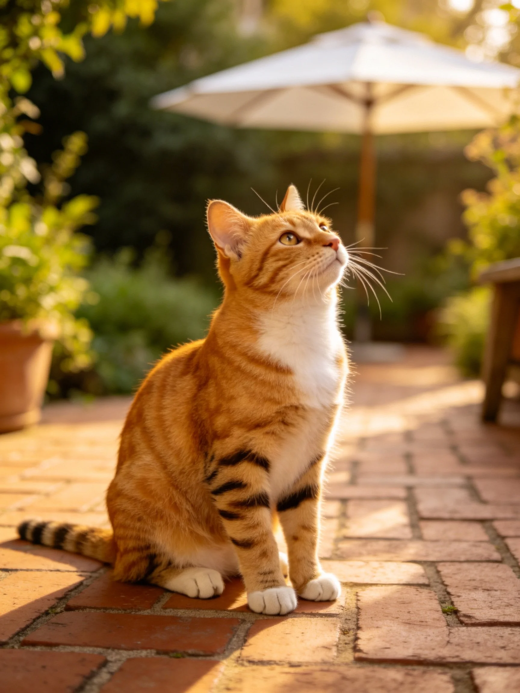 An orange tabby cat sits on brick patio in a sunlit outdoor setting.