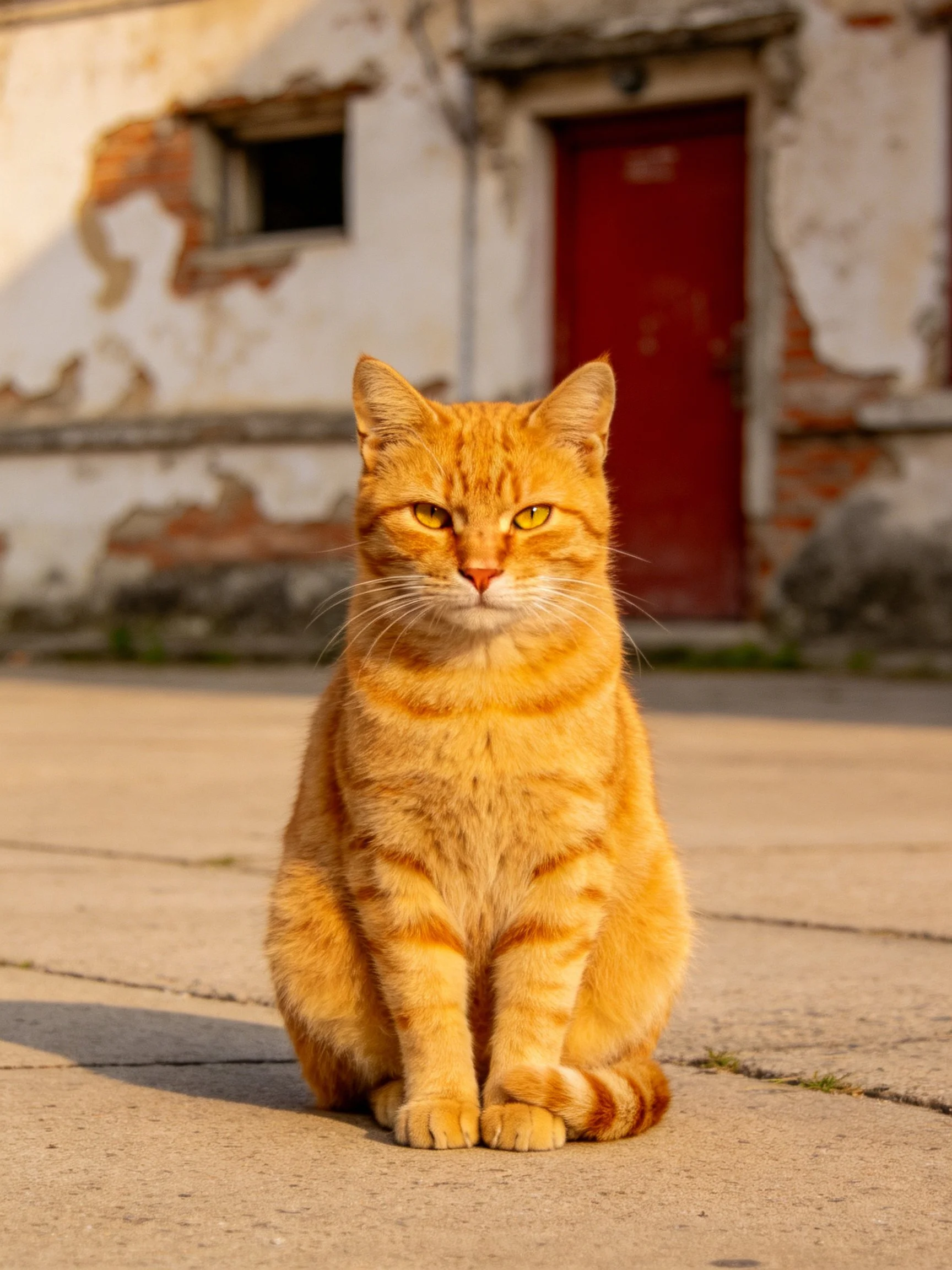 An orange tabby cat sits on concrete near a weathered white building with a red door