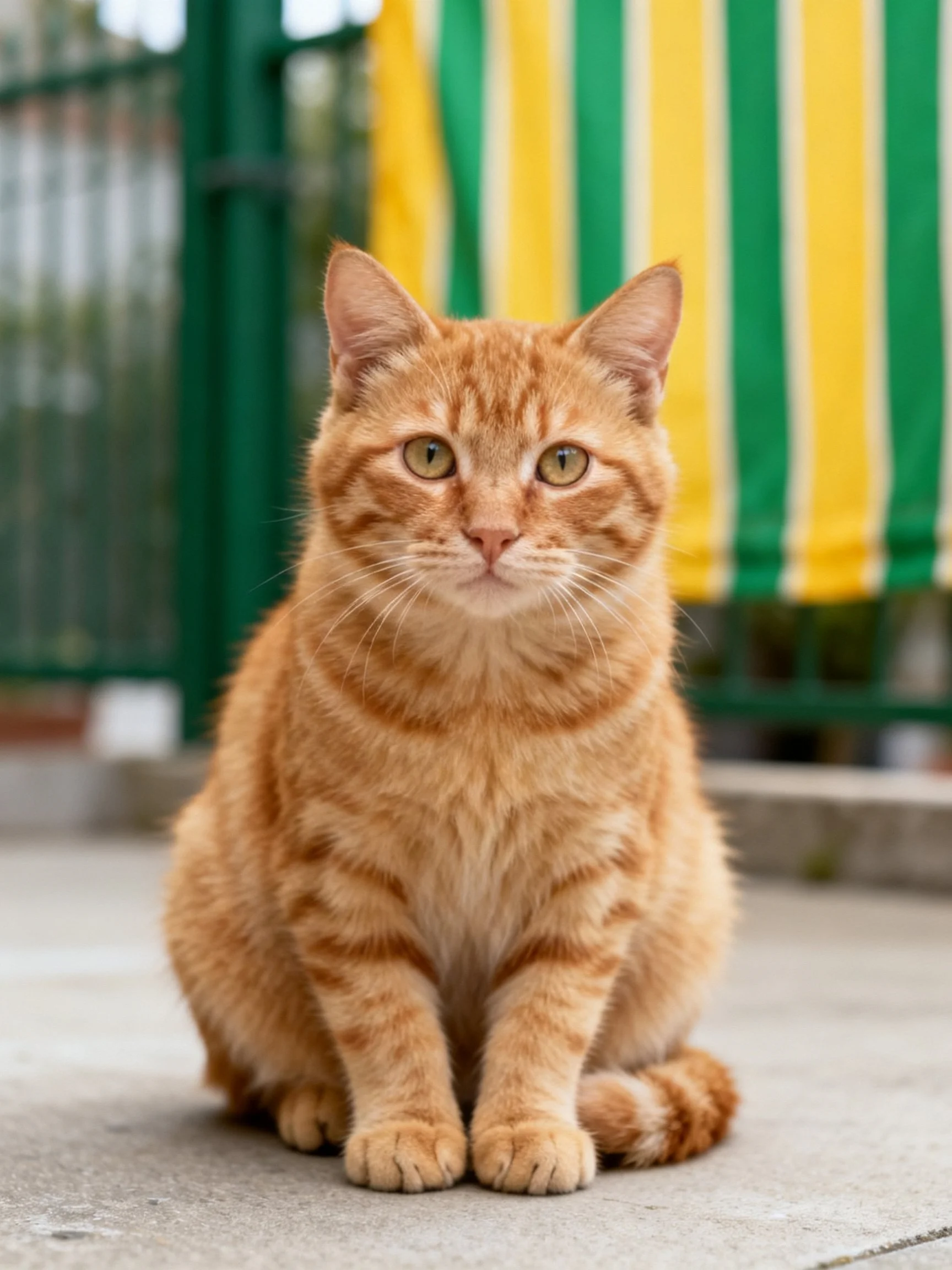 An orange tabby cat sits on concrete near green-yellow striped fabric