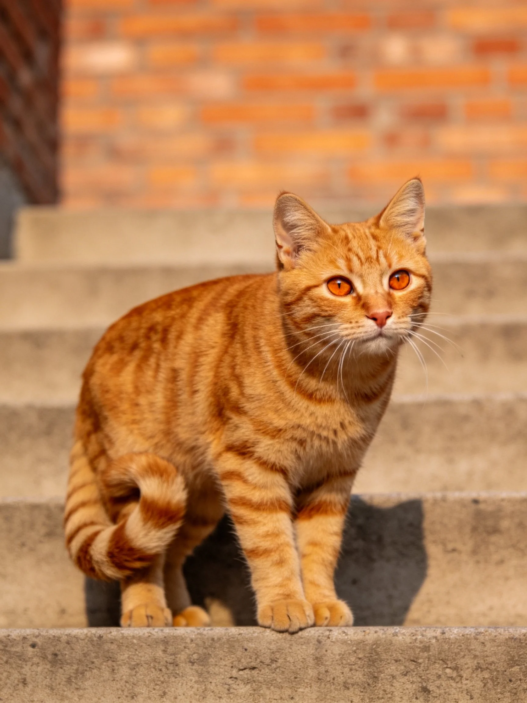 An orange tabby cat sits on concrete steps near a brick wall