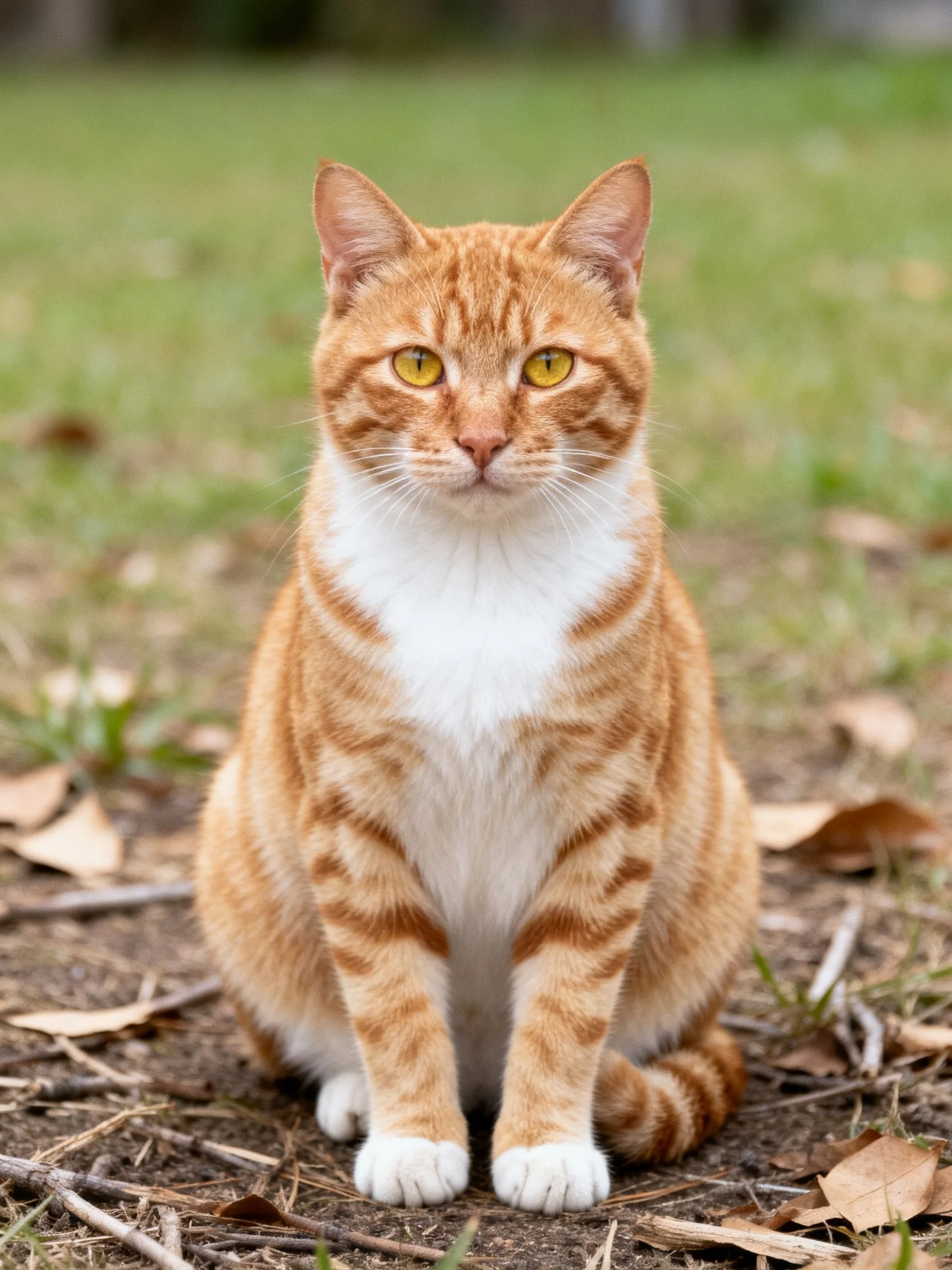 An orange tabby cat sits calmly on dirt in a grassy outdoor area.
