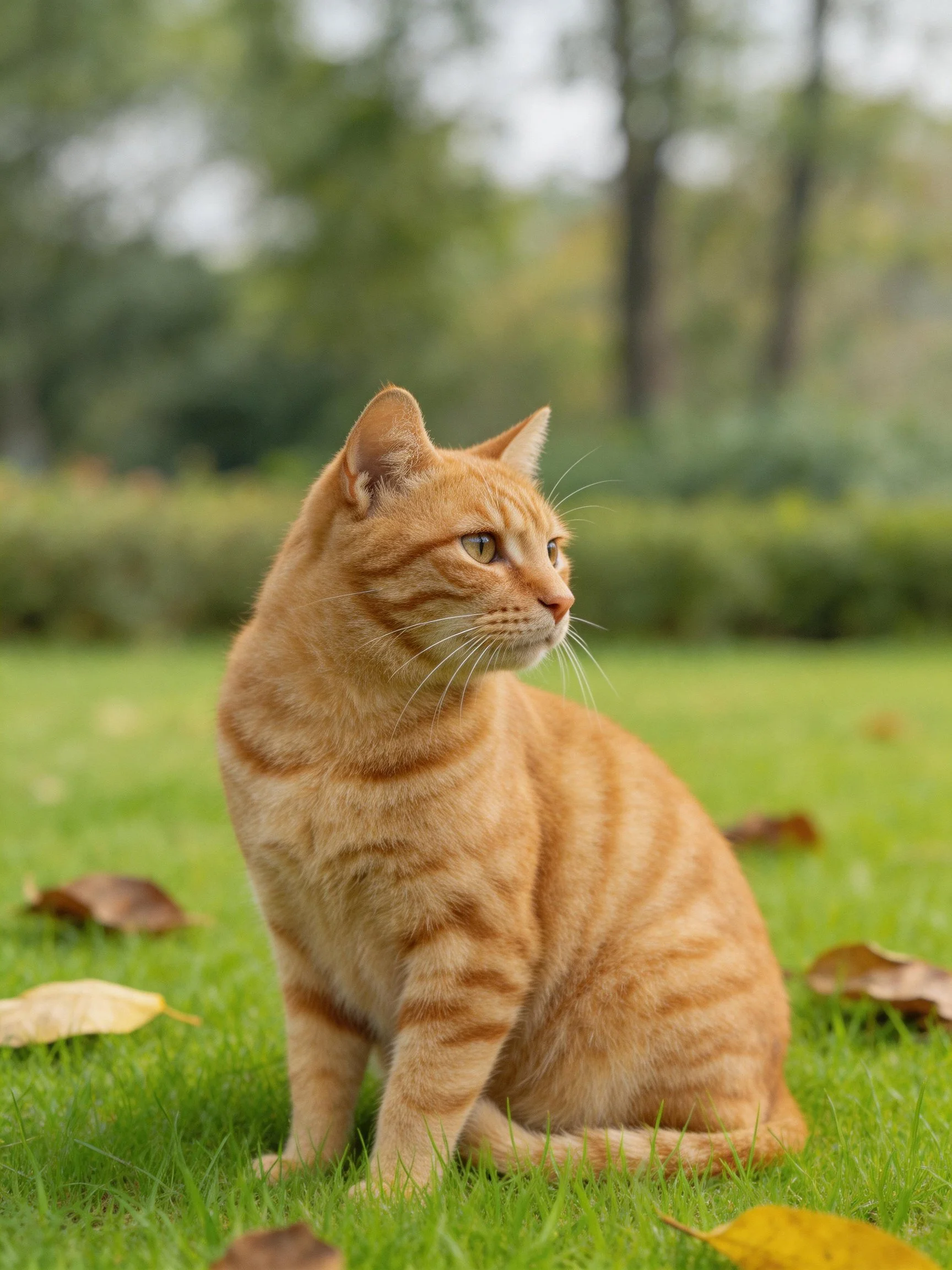 An orange tabby cat sits on grass in a sunlit outdoor area with fallen leaves.