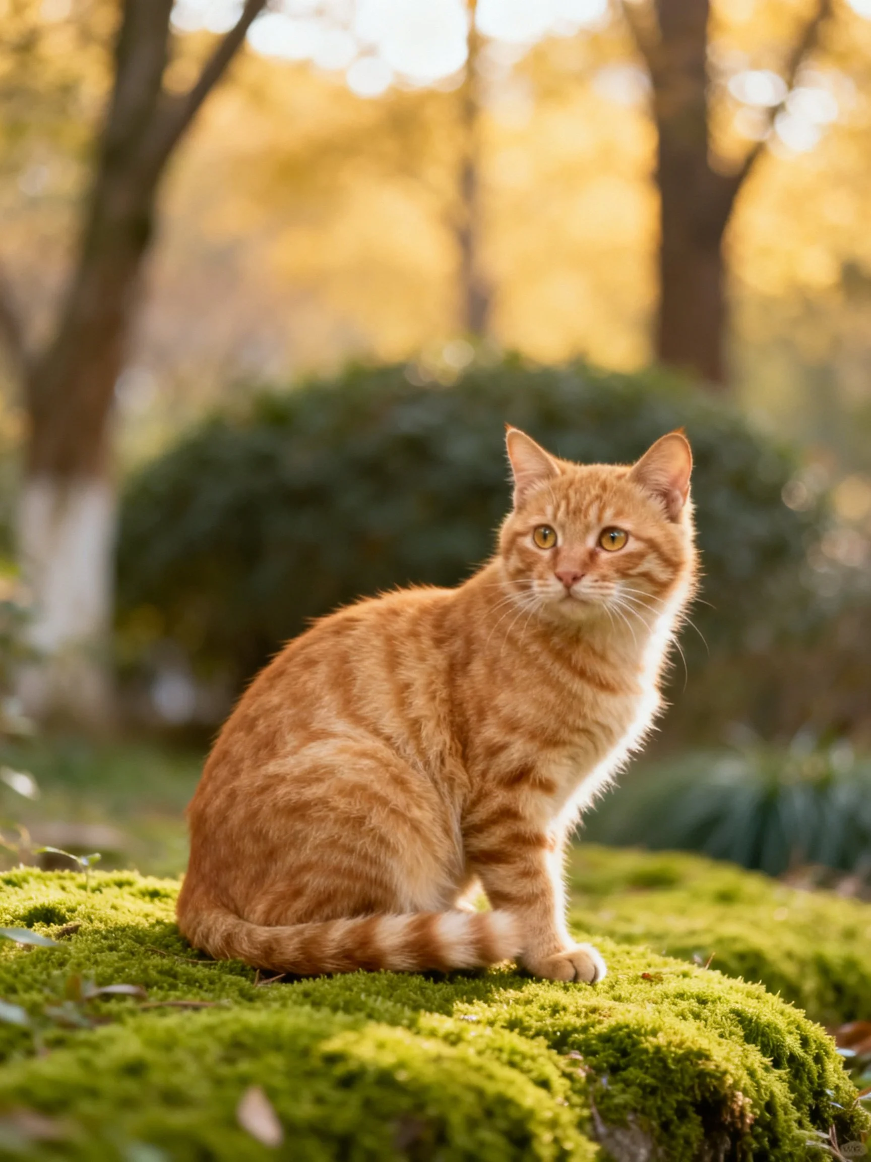 An orange tabby cat sits on moss in a sunlit forest.