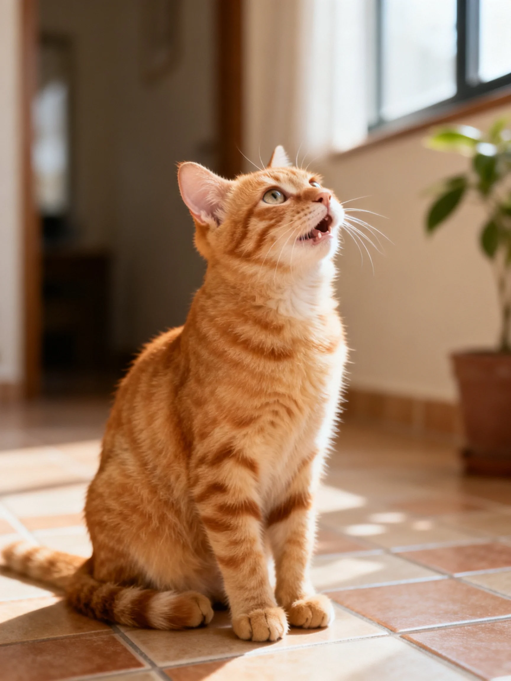 An orange tabby cat sits on tiled flooring near a sunlit window.