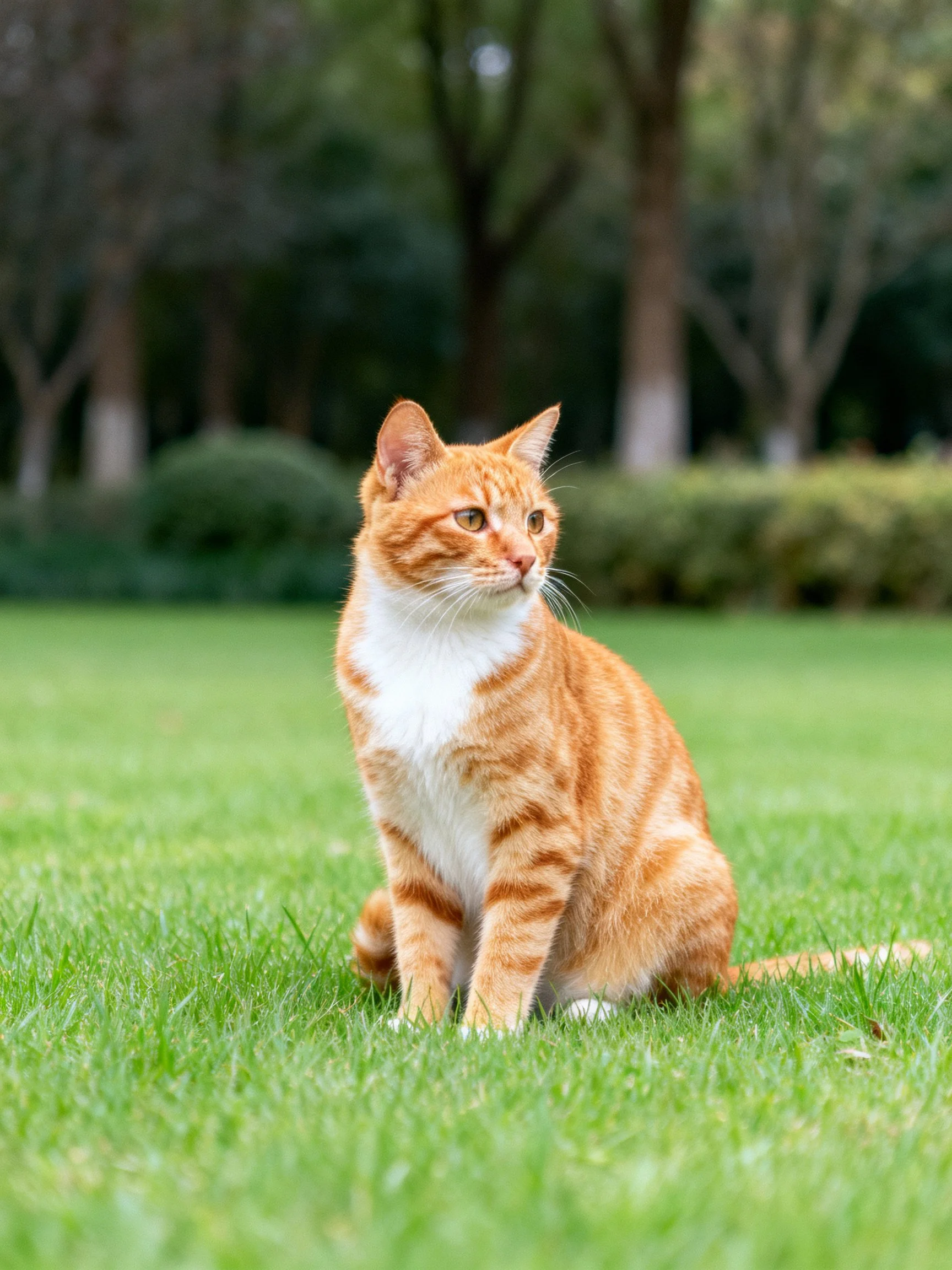 An orange tabby cat sits calmly on green grass in a park setting.