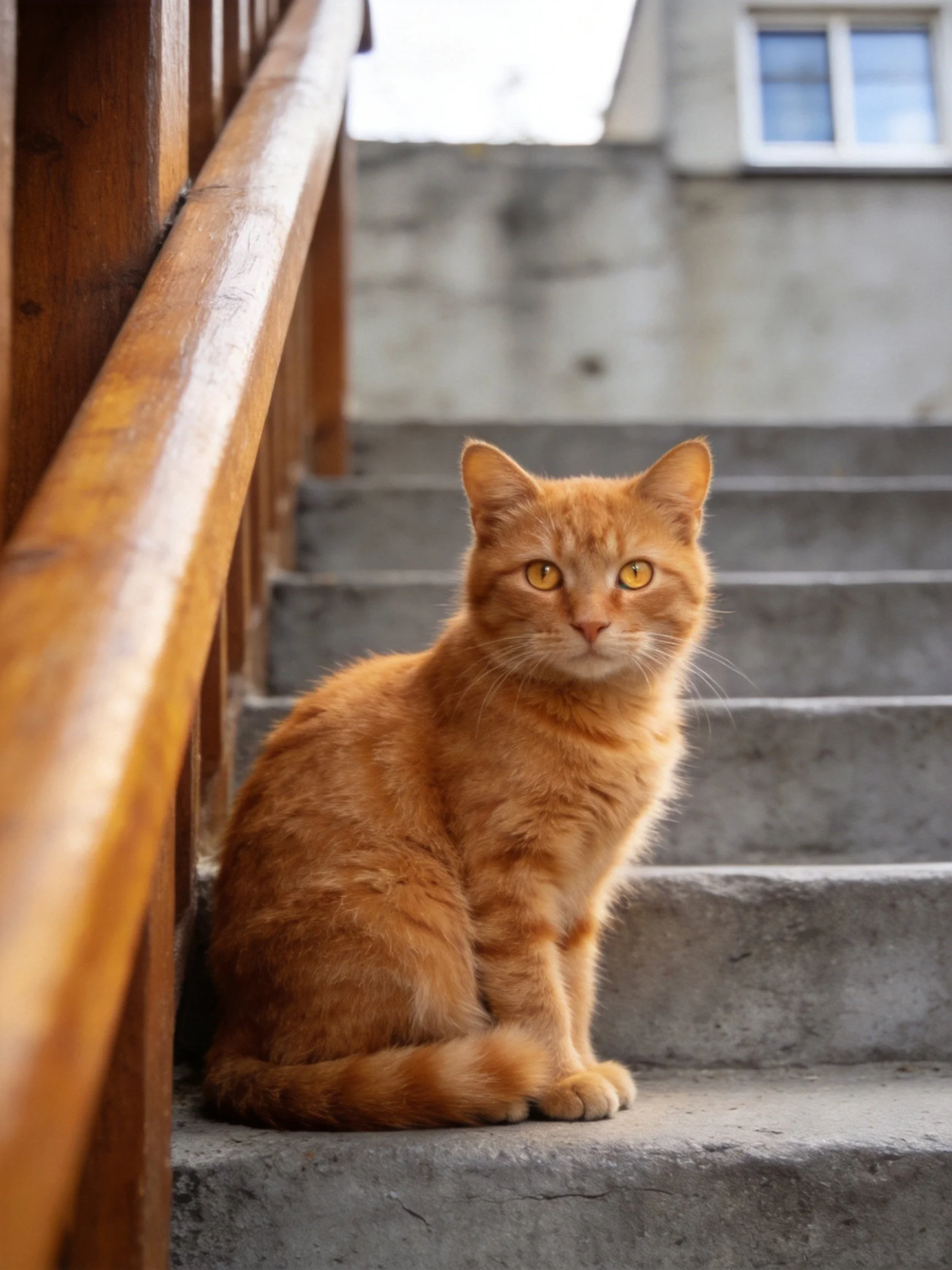 An orange tabby cat sits on weathered concrete stairs beside a wooden railing